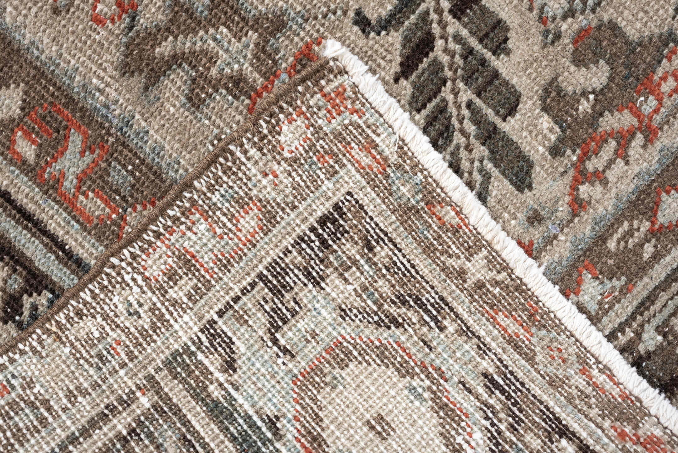 8' x 9' one-of-a-kind handmade vintage rug. Color palette: ivory, charcoal, slate, taupe, terracotta, brown, black, gray