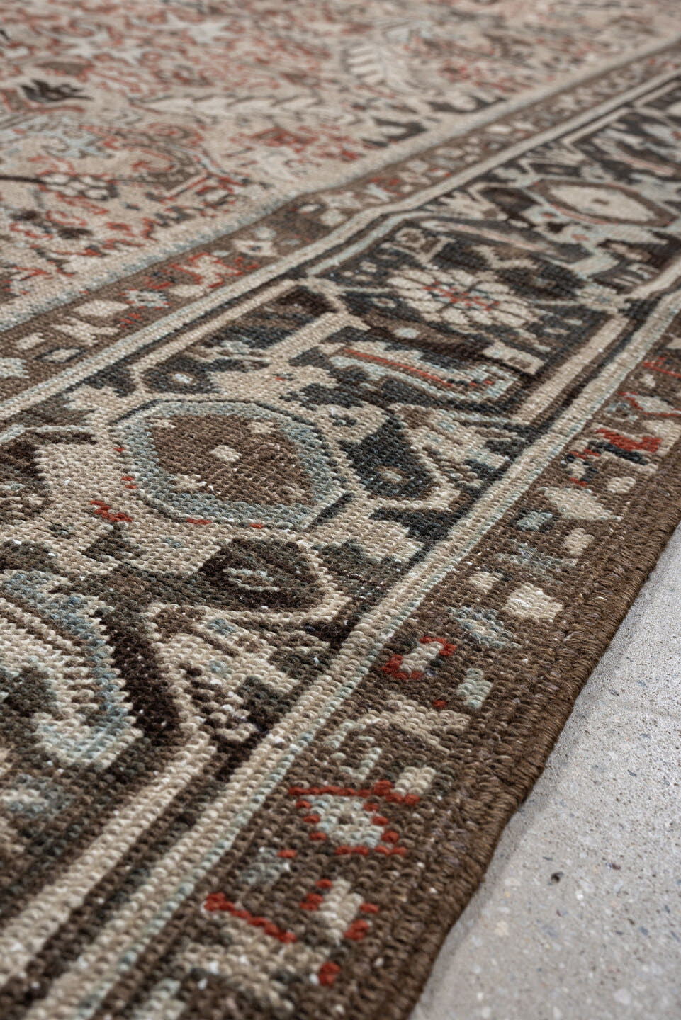 8' x 9' one-of-a-kind handmade vintage rug. Color palette: ivory, charcoal, slate, taupe, terracotta, brown, black, gray