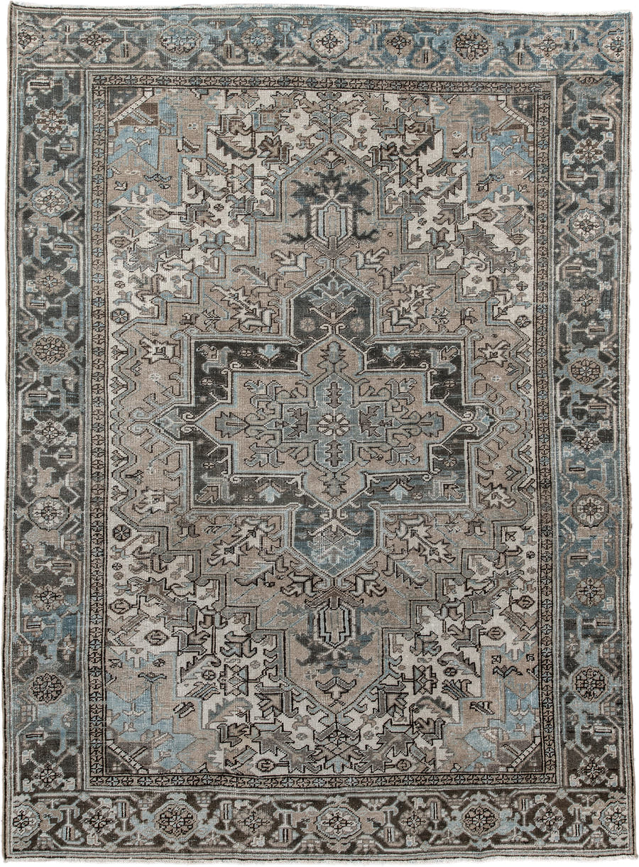 6' x 9' one-of-a-kind handmade antique Heriz medium size rug. Color palette: taupe, sky blue, charcoal, ivory, slate, brown