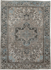 6' x 9' one-of-a-kind handmade antique Heriz medium size rug. Color palette: taupe, sky blue, charcoal, ivory, slate, brown
