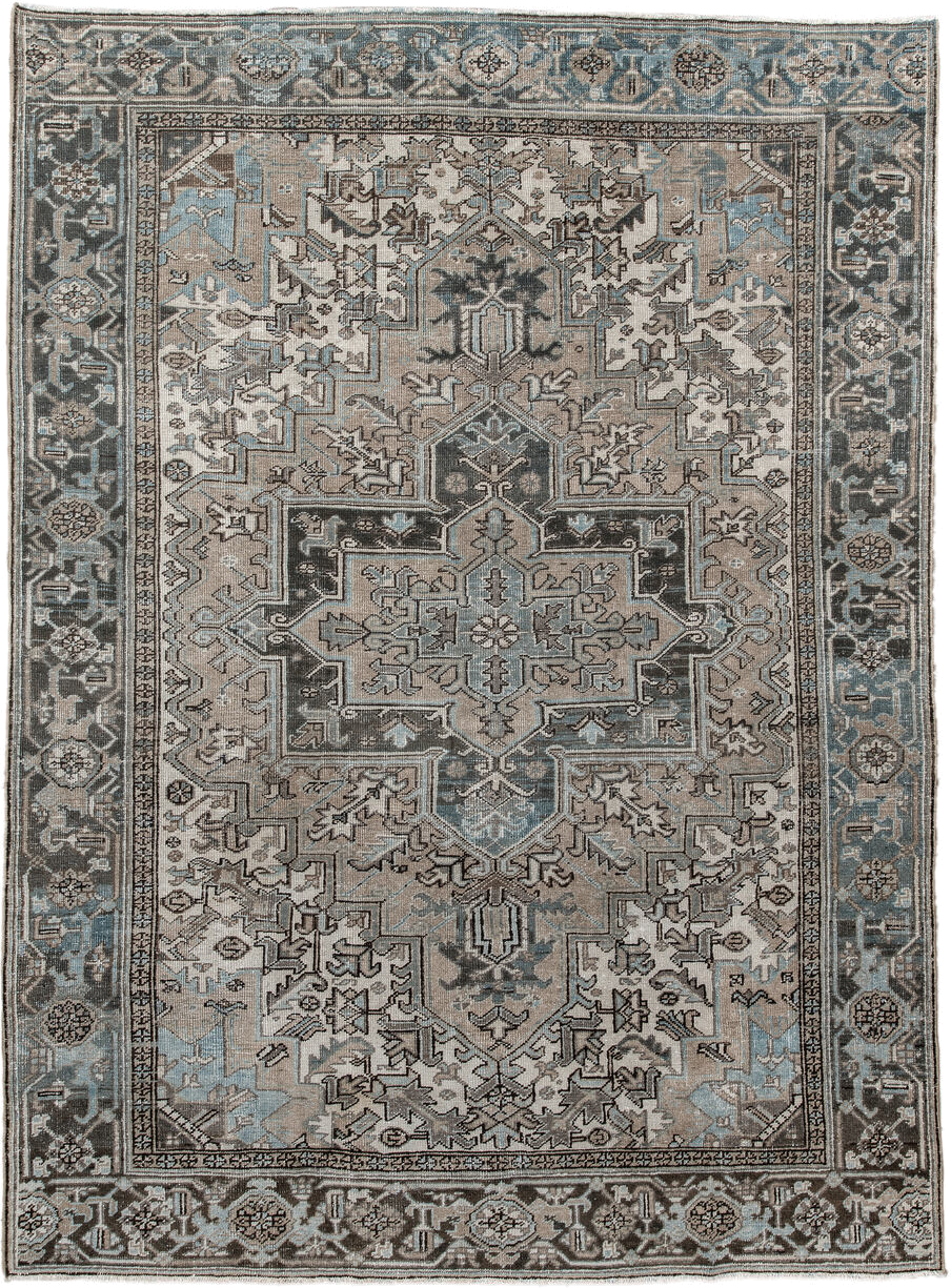 6' x 9' one-of-a-kind handmade antique Heriz medium size rug. Color palette: taupe, sky blue, charcoal, ivory, slate, brown