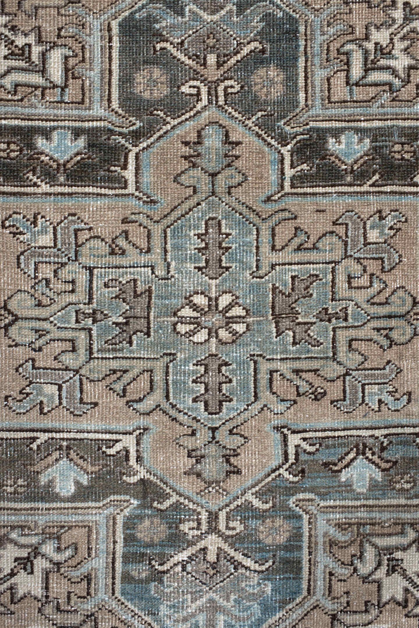 6' x 9' one-of-a-kind handmade antique Heriz medium size rug. Color palette: taupe, sky blue, charcoal, ivory, slate, brown