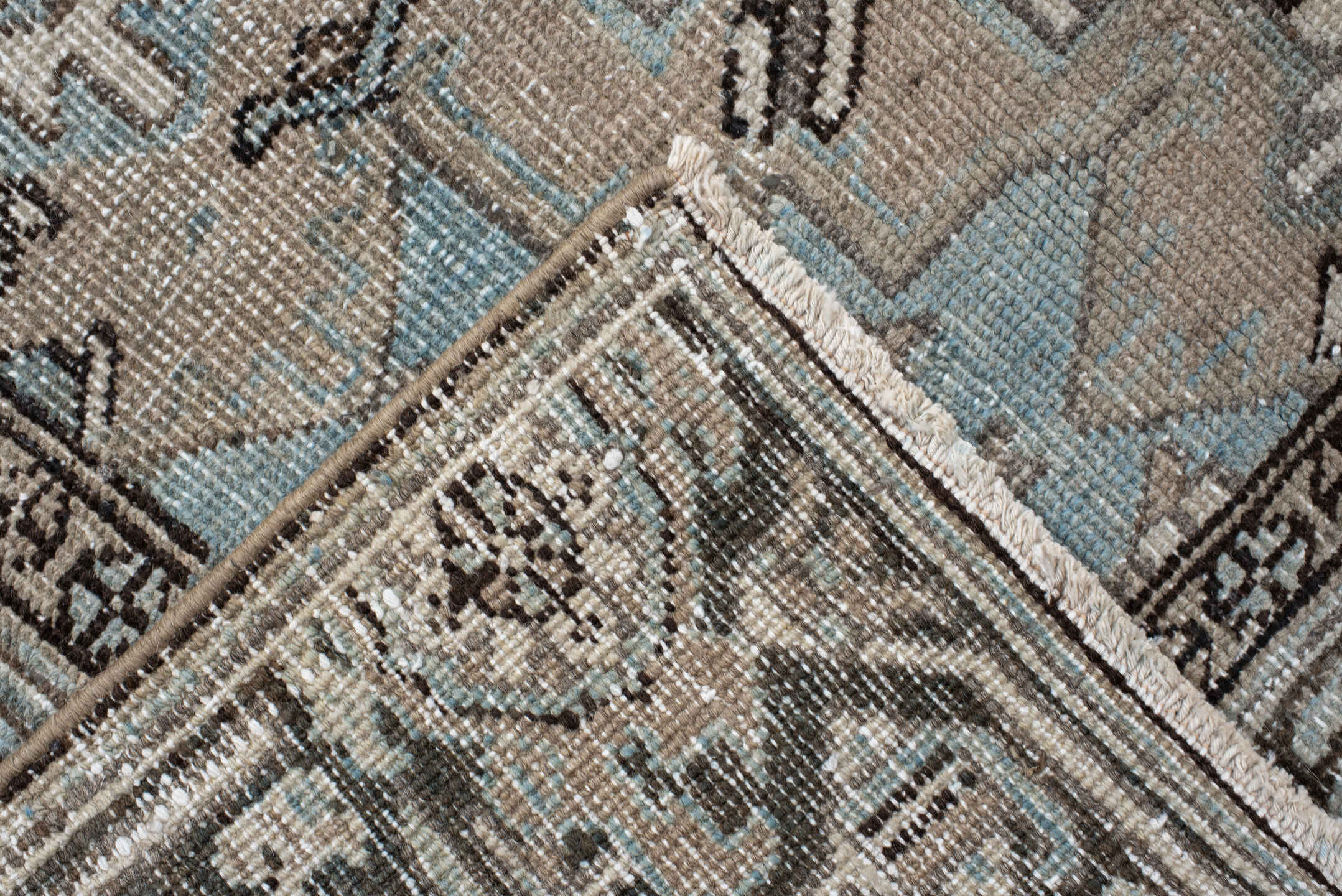 6' x 9' one-of-a-kind handmade antique Heriz medium size rug. Color palette: taupe, sky blue, charcoal, ivory, slate, brown