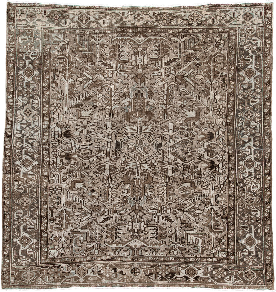 7' x 7' one-of-a-kind handmade antique Heriz rug. Color palette: taupe, brown, ivory, gray, charcoal, beige, black