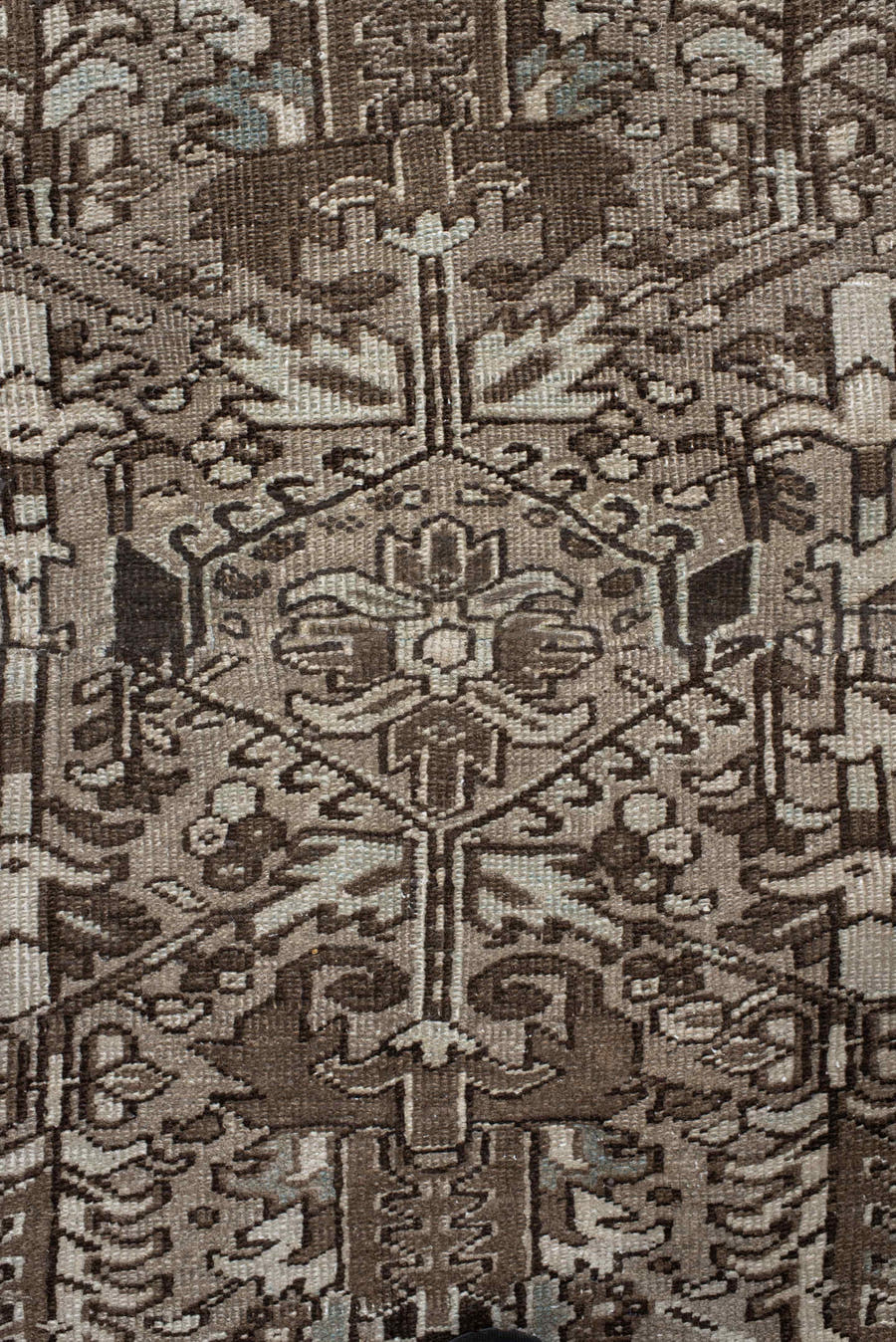 7' x 7' one-of-a-kind handmade antique Heriz rug. Color palette: taupe, brown, ivory, gray, charcoal, beige, black