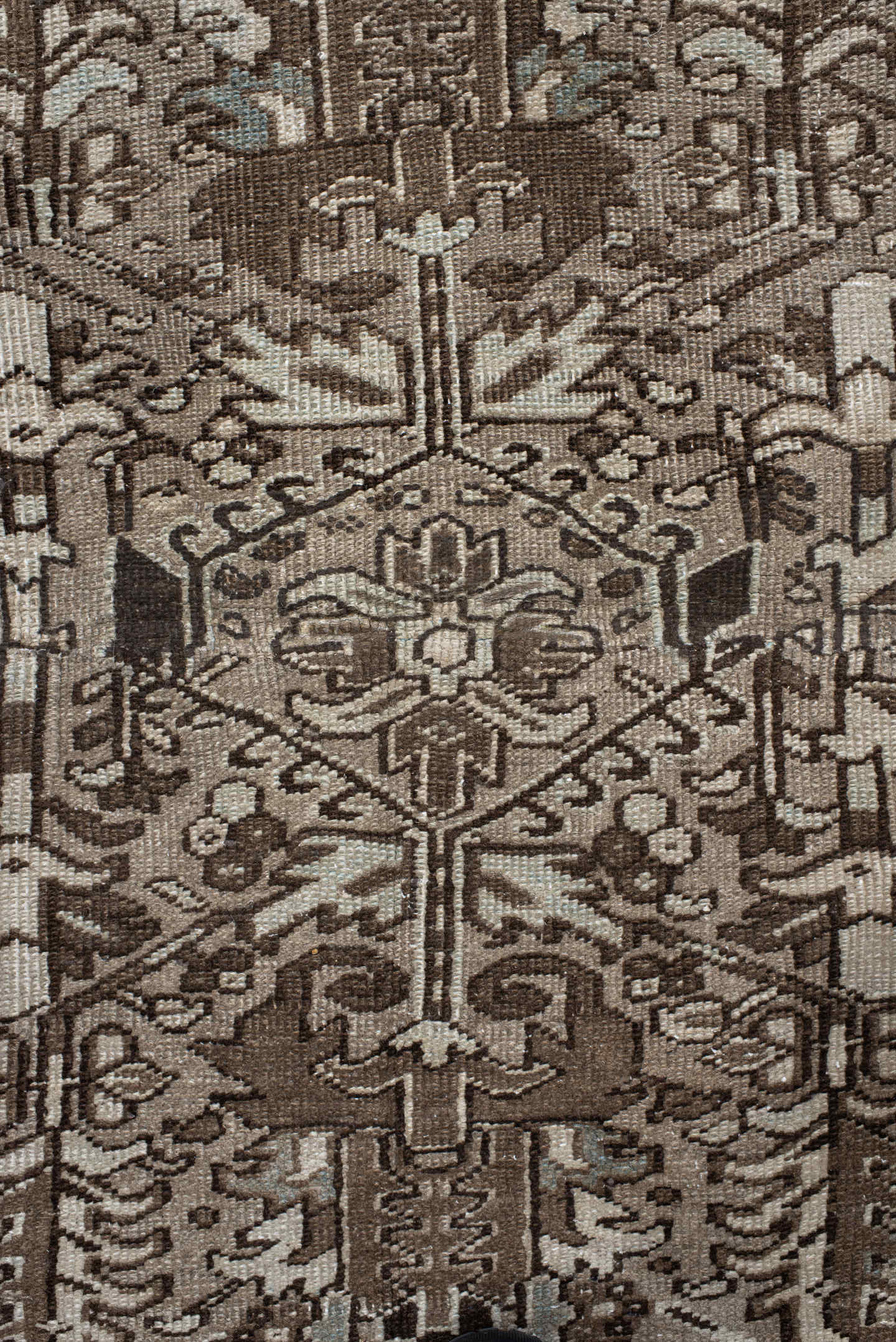 7' x 7' one-of-a-kind handmade antique Heriz rug. Color palette: taupe, brown, ivory, gray, charcoal, beige, black