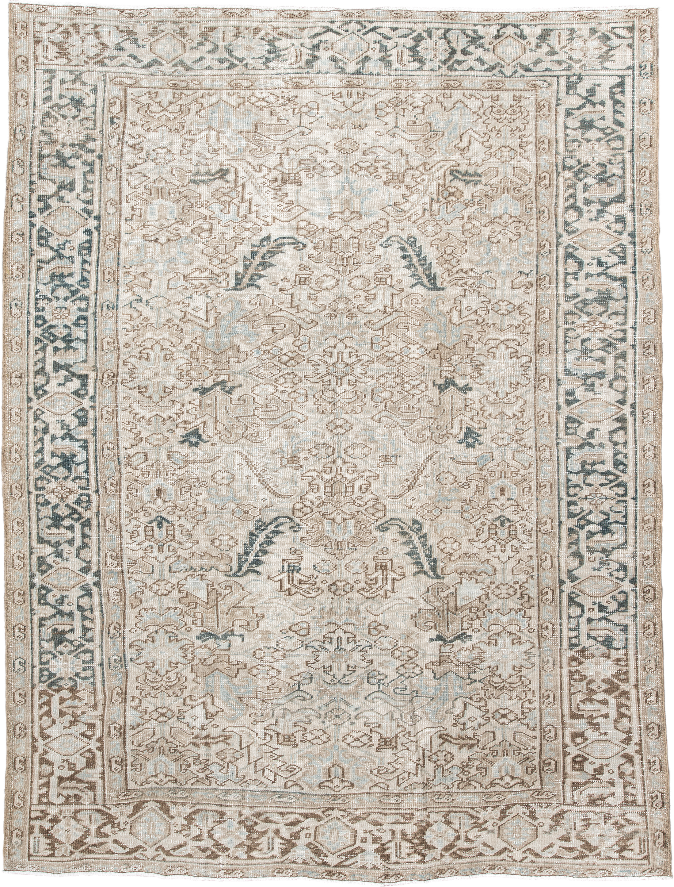 6' x 9' one-of-a-kind handmade antique Heriz medium size rug. Color palette: ivory, taupe, camel, sage, light blue, beige