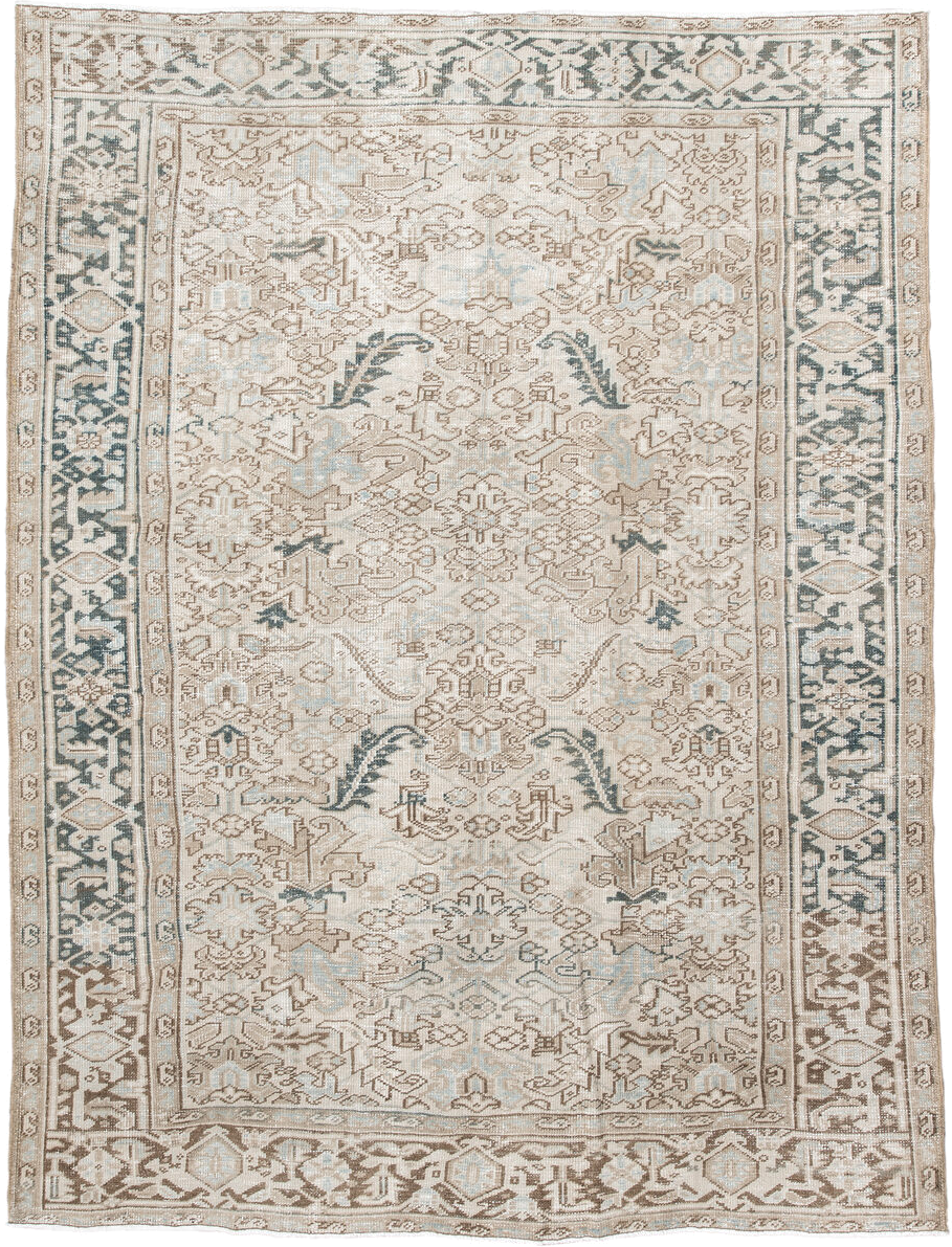 6' x 9' one-of-a-kind handmade antique Heriz medium size rug. Color palette: ivory, taupe, camel, sage, light blue, beige