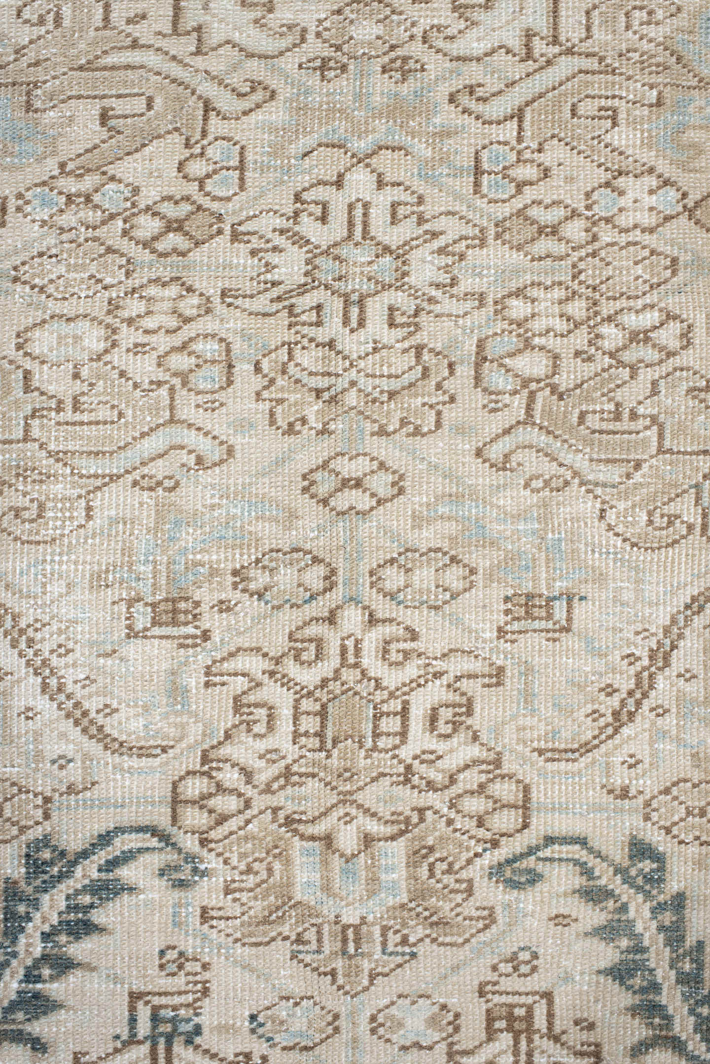 6' x 9' one-of-a-kind handmade antique Heriz medium size rug. Color palette: ivory, taupe, camel, sage, light blue, beige