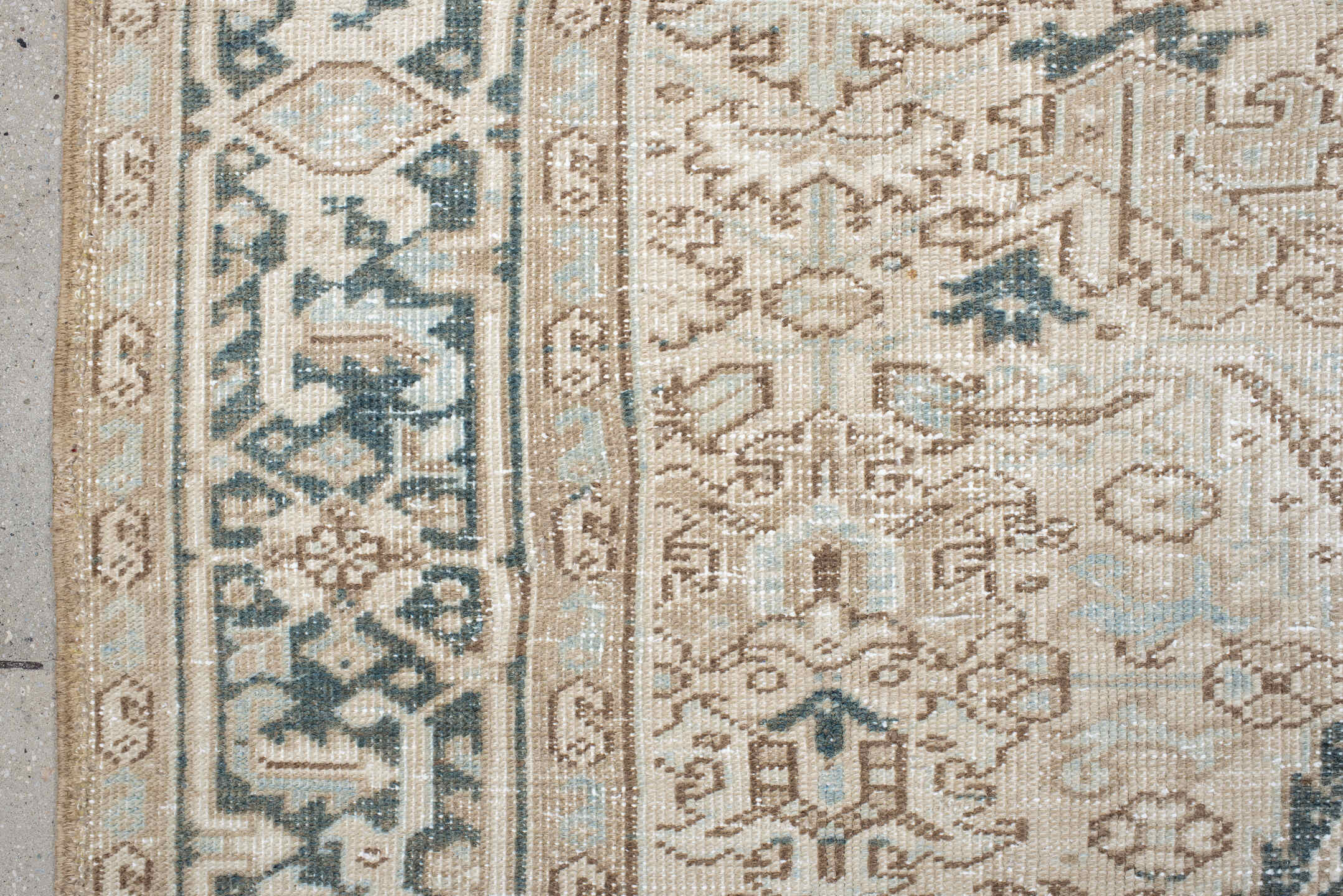 6' x 9' one-of-a-kind handmade antique Heriz medium size rug. Color palette: ivory, taupe, camel, sage, light blue, beige