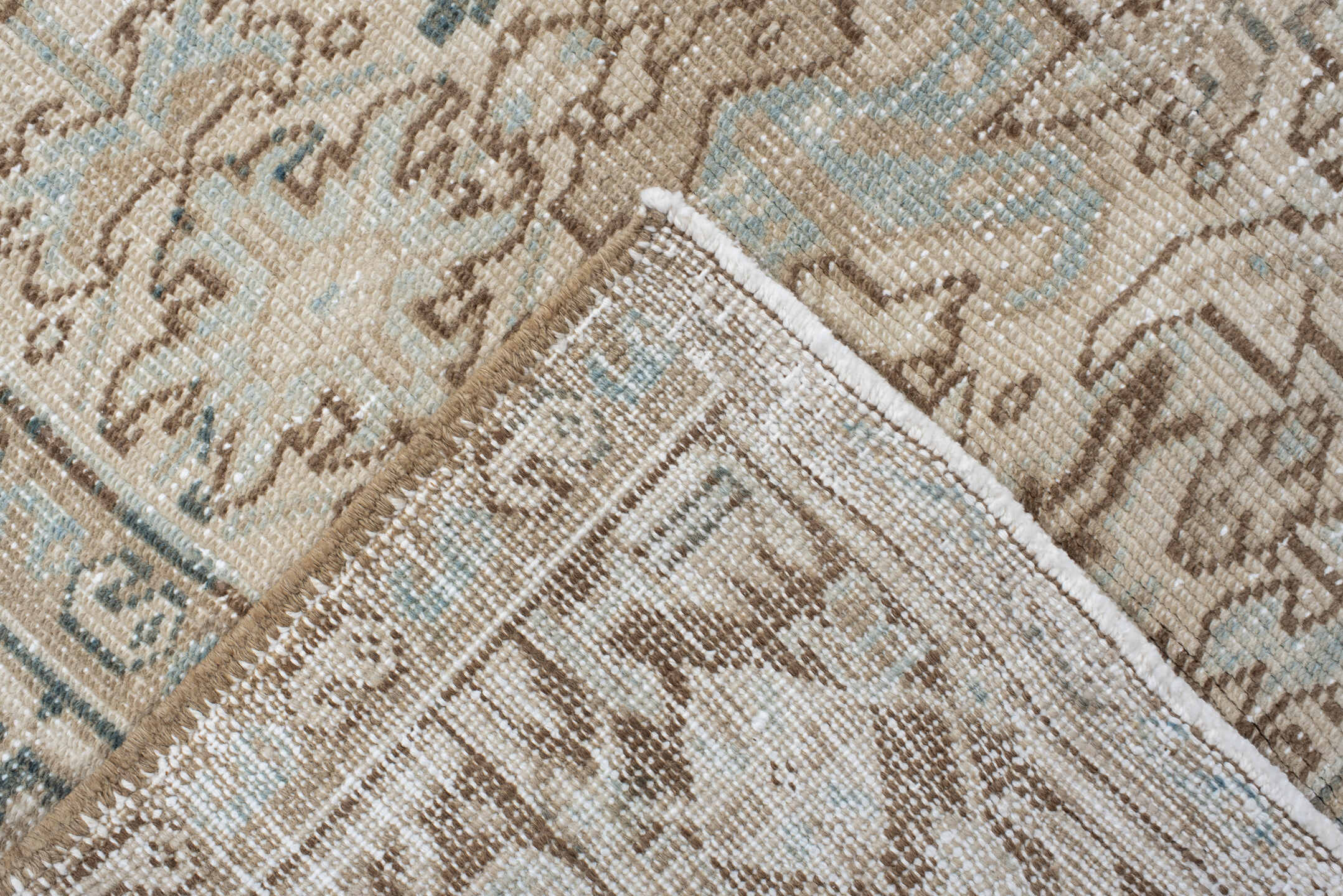 6' x 9' one-of-a-kind handmade antique Heriz medium size rug. Color palette: ivory, taupe, camel, sage, light blue, beige