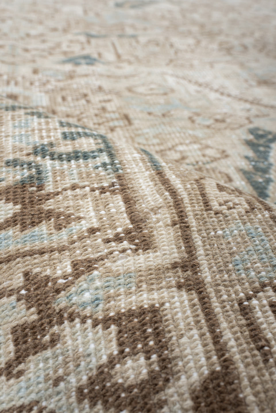 6' x 9' one-of-a-kind handmade antique Heriz medium size rug. Color palette: ivory, taupe, camel, sage, light blue, beige