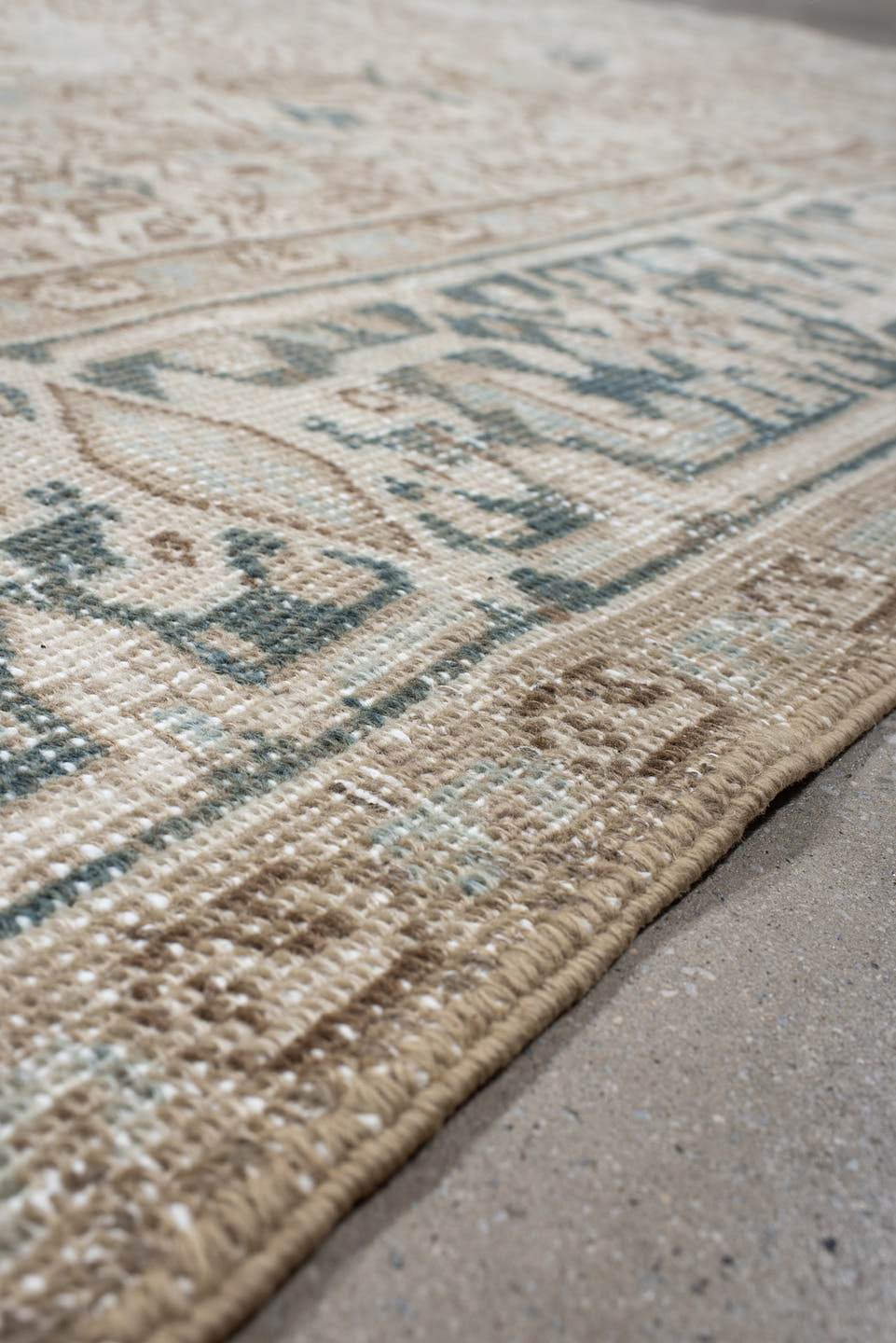 6' x 9' one-of-a-kind handmade antique Heriz medium size rug. Color palette: ivory, taupe, camel, sage, light blue, beige