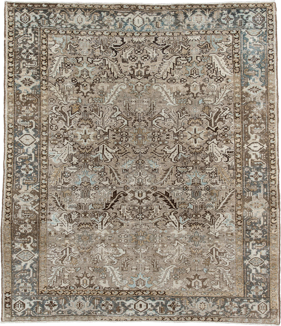 7' x 8' one-of-a-kind handmade antique Heriz rug. Color palette: taupe, brown, ivory, powder_blue, beige, charcoal, gray