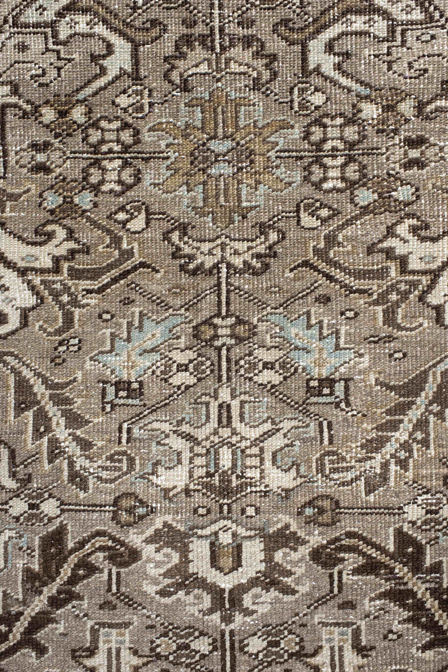 7' x 8' one-of-a-kind handmade antique Heriz rug. Color palette: taupe, brown, ivory, powder_blue, beige, charcoal, gray