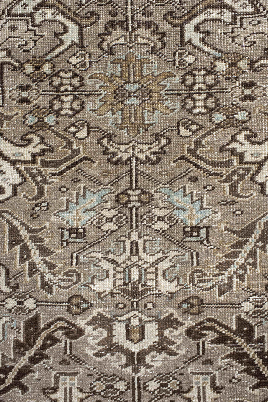 7' x 8' one-of-a-kind handmade antique Heriz rug. Color palette: taupe, brown, ivory, powder_blue, beige, charcoal, gray