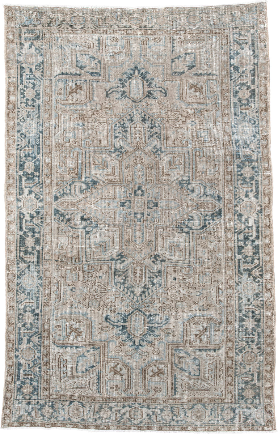 6' x 9' one-of-a-kind handmade antique Heriz medium size rug. Color palette: ivory, taupe, pale blue, beige, slate, cream