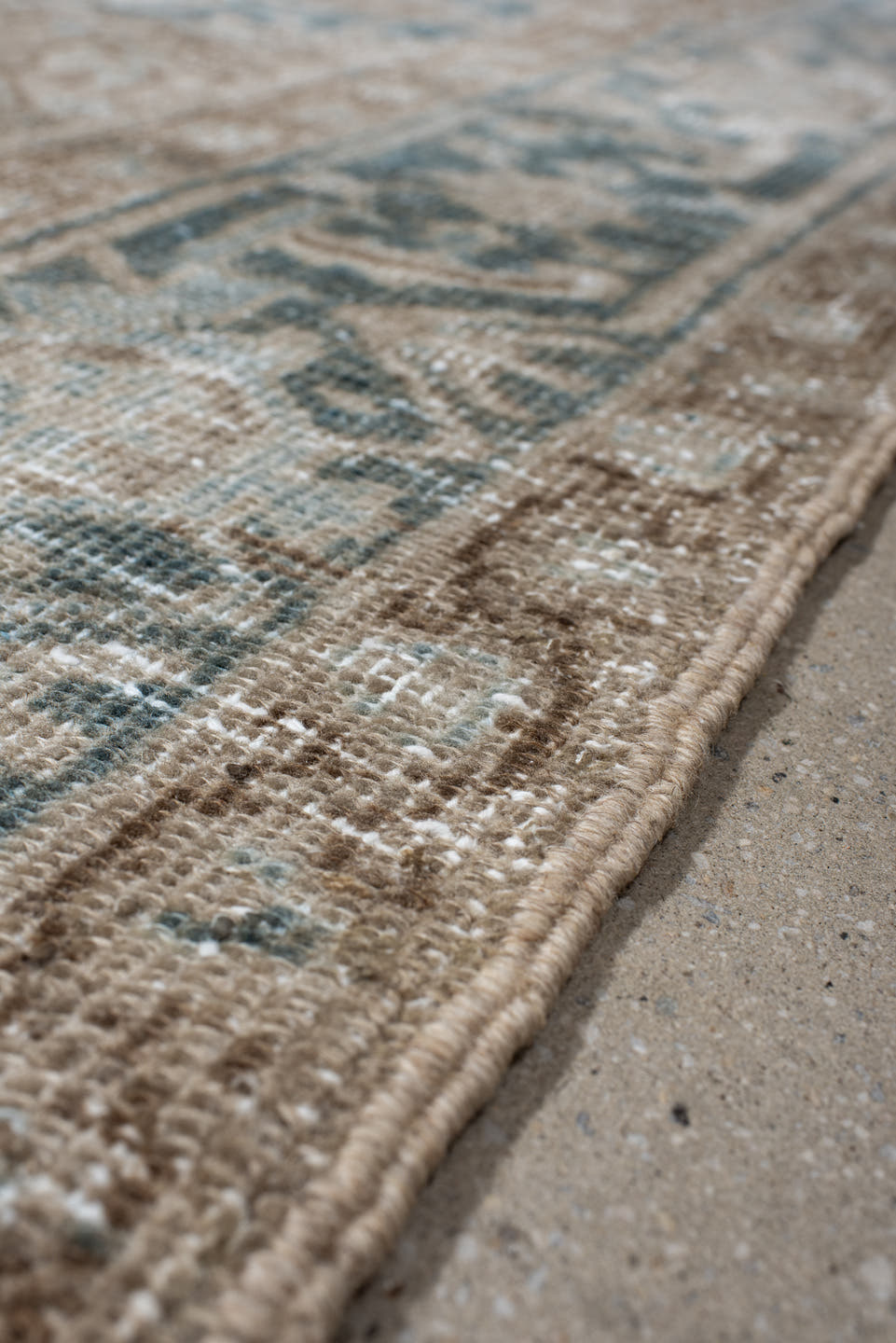 6' x 9' one-of-a-kind handmade antique Heriz medium size rug. Color palette: ivory, taupe, pale blue, beige, slate, cream