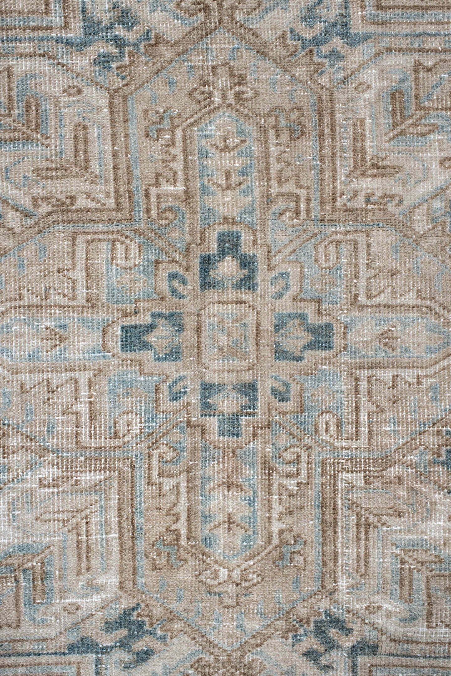 6' x 9' one-of-a-kind handmade antique Heriz medium size rug. Color palette: ivory, taupe, pale blue, beige, slate, cream