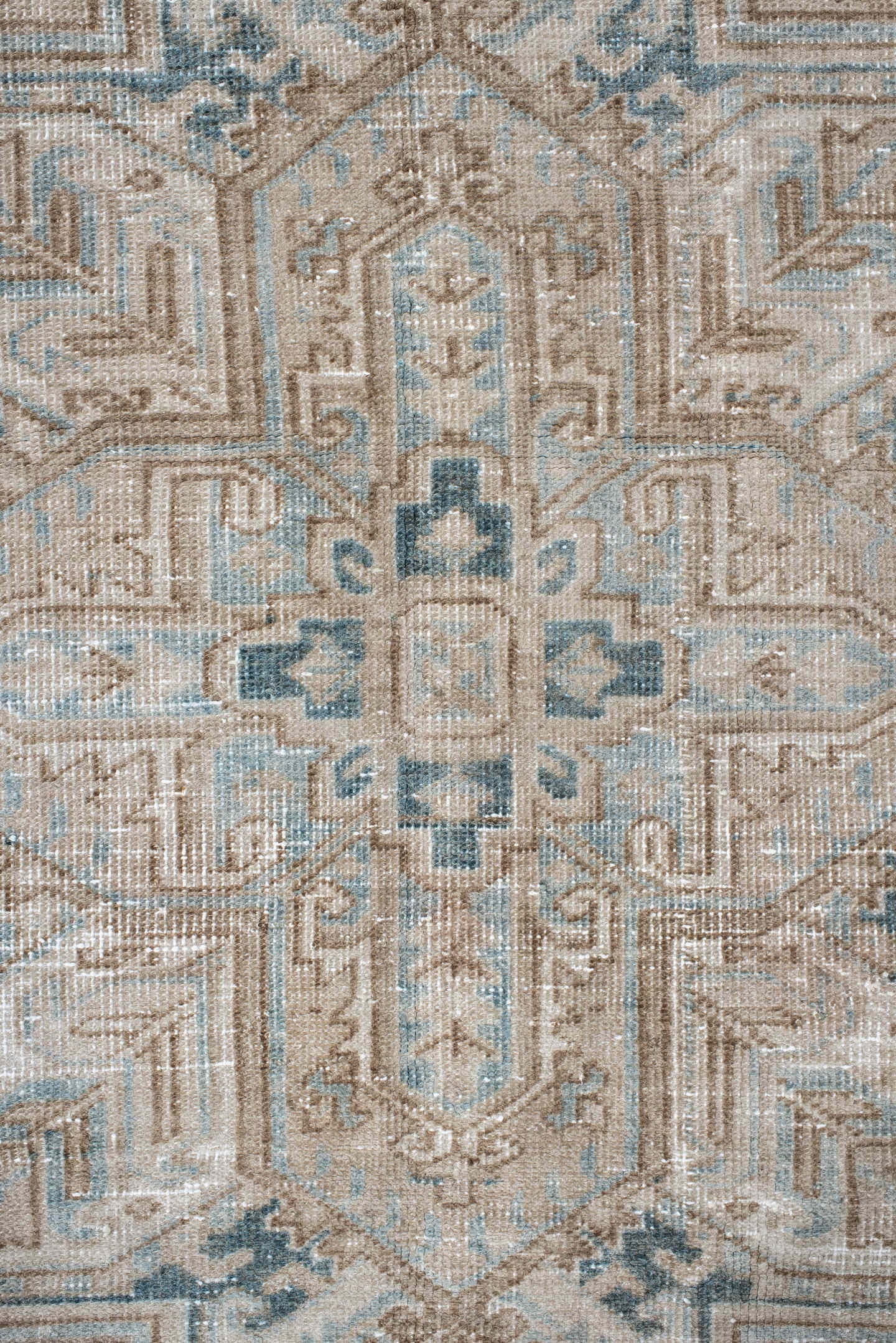 6' x 9' one-of-a-kind handmade antique Heriz medium size rug. Color palette: ivory, taupe, pale blue, beige, slate, cream