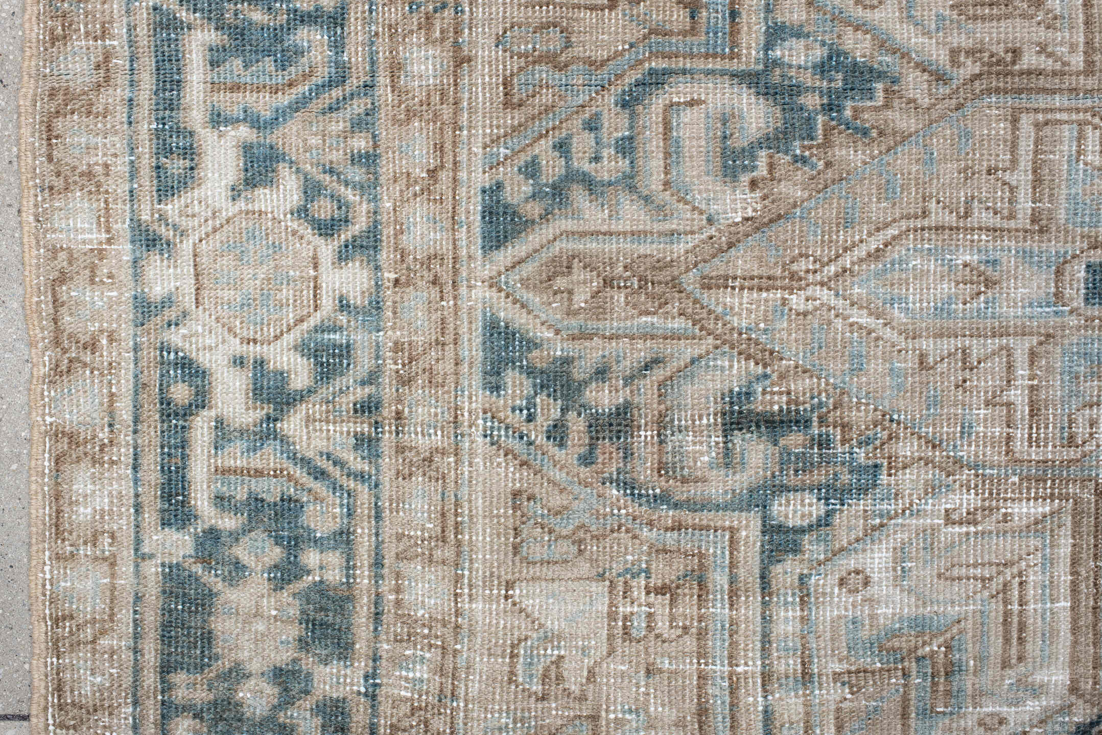6' x 9' one-of-a-kind handmade antique Heriz medium size rug. Color palette: ivory, taupe, pale blue, beige, slate, cream