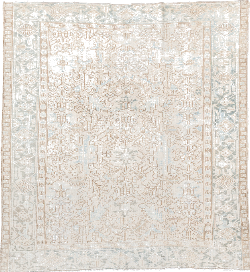 8' x 8' one-of-a-kind handmade vintage Heriz rug. Color palette: antiquewhite, brown, dark gray, floral white, gainsboro