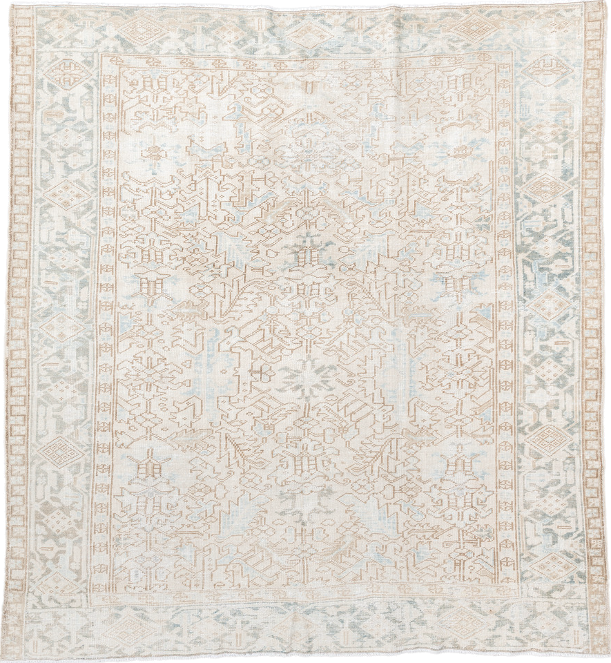 8' x 8' one-of-a-kind handmade antique Heriz rug. Color palette: ivory, pale blue, sand, beige, taupe, light blue, gray