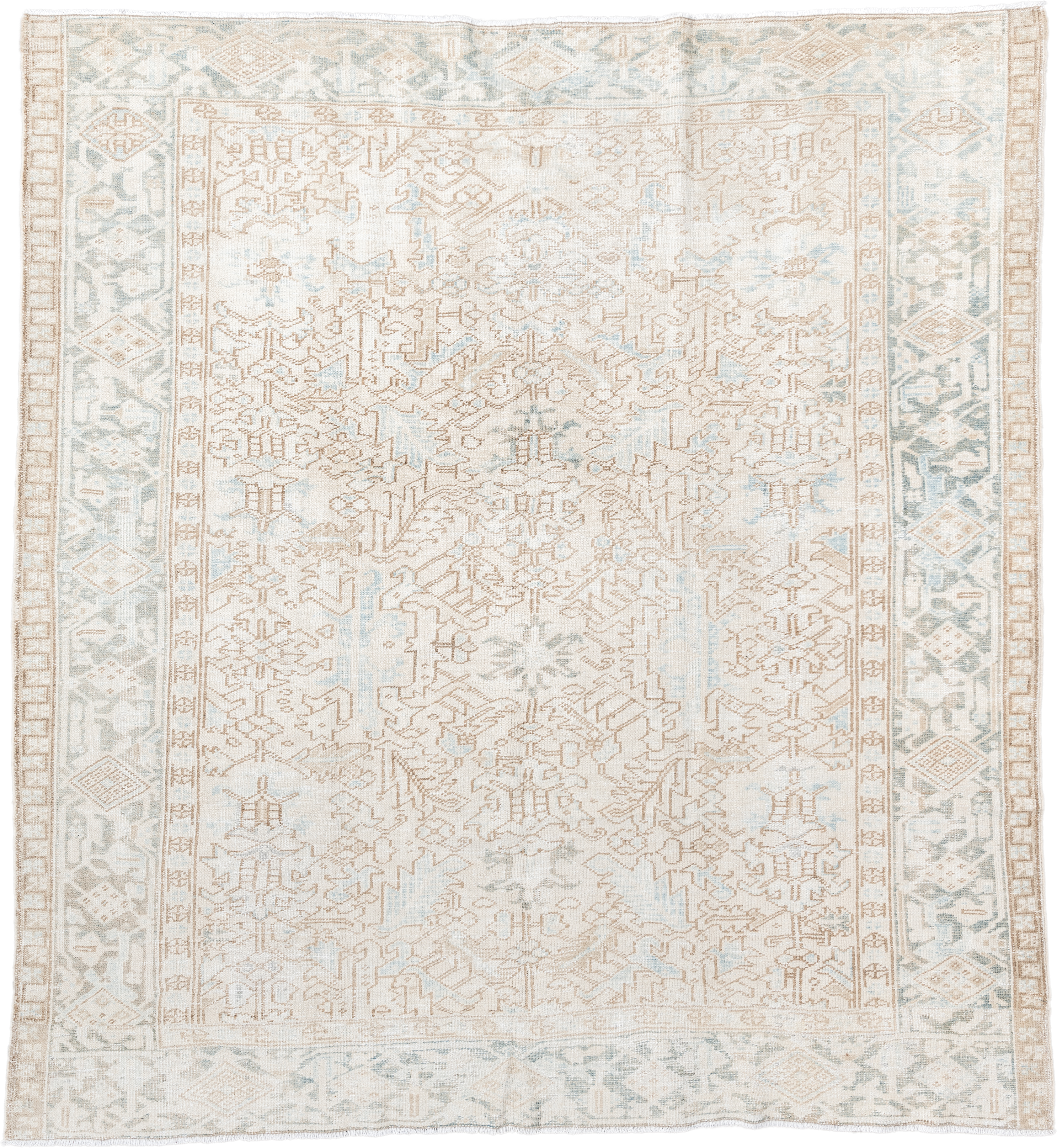 8' x 8' one-of-a-kind handmade antique Heriz rug. Color palette: ivory, pale blue, sand, beige, taupe, light blue, gray