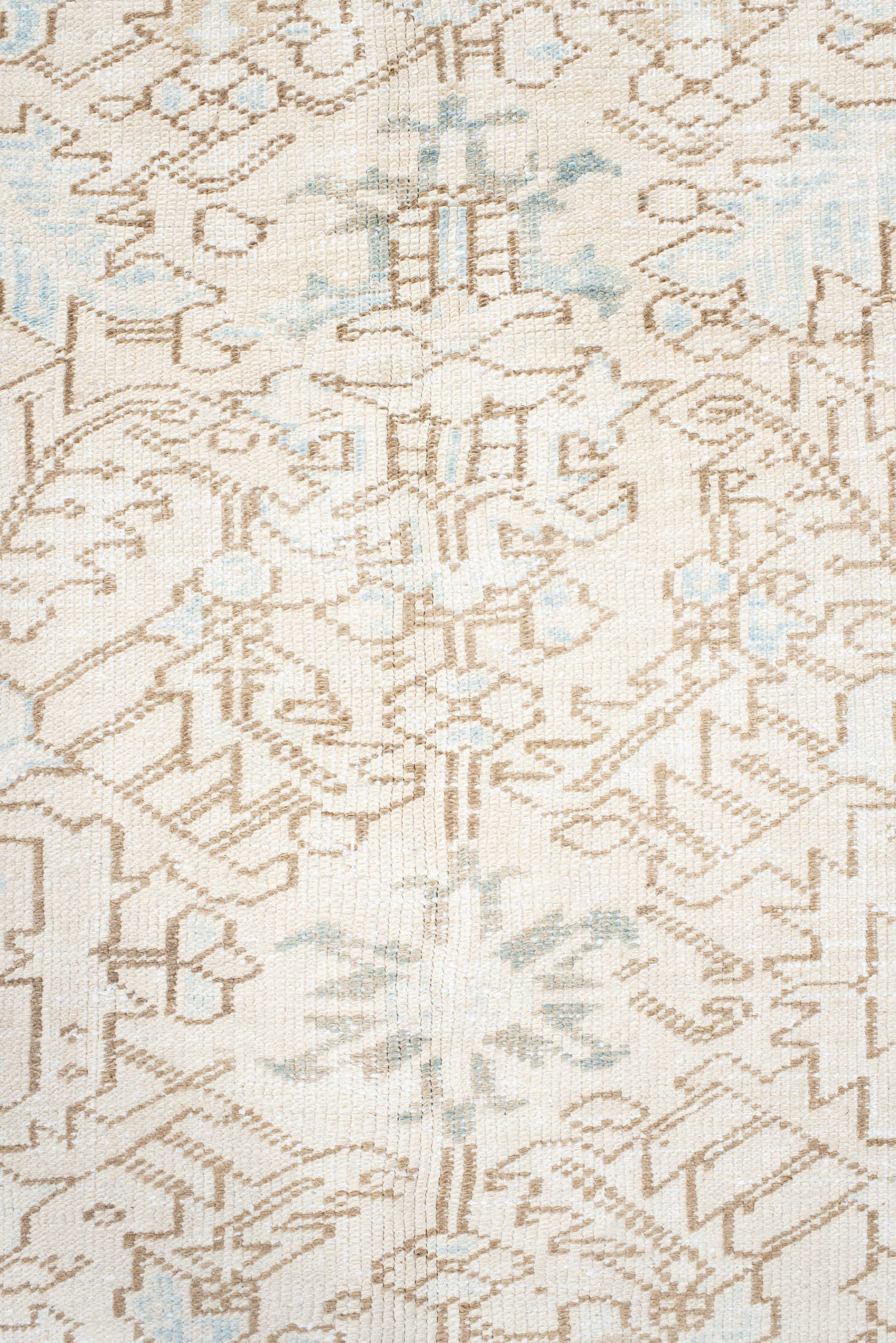8' x 8' one-of-a-kind handmade antique Heriz rug. Color palette: ivory, pale blue, sand, beige, taupe, light blue, gray