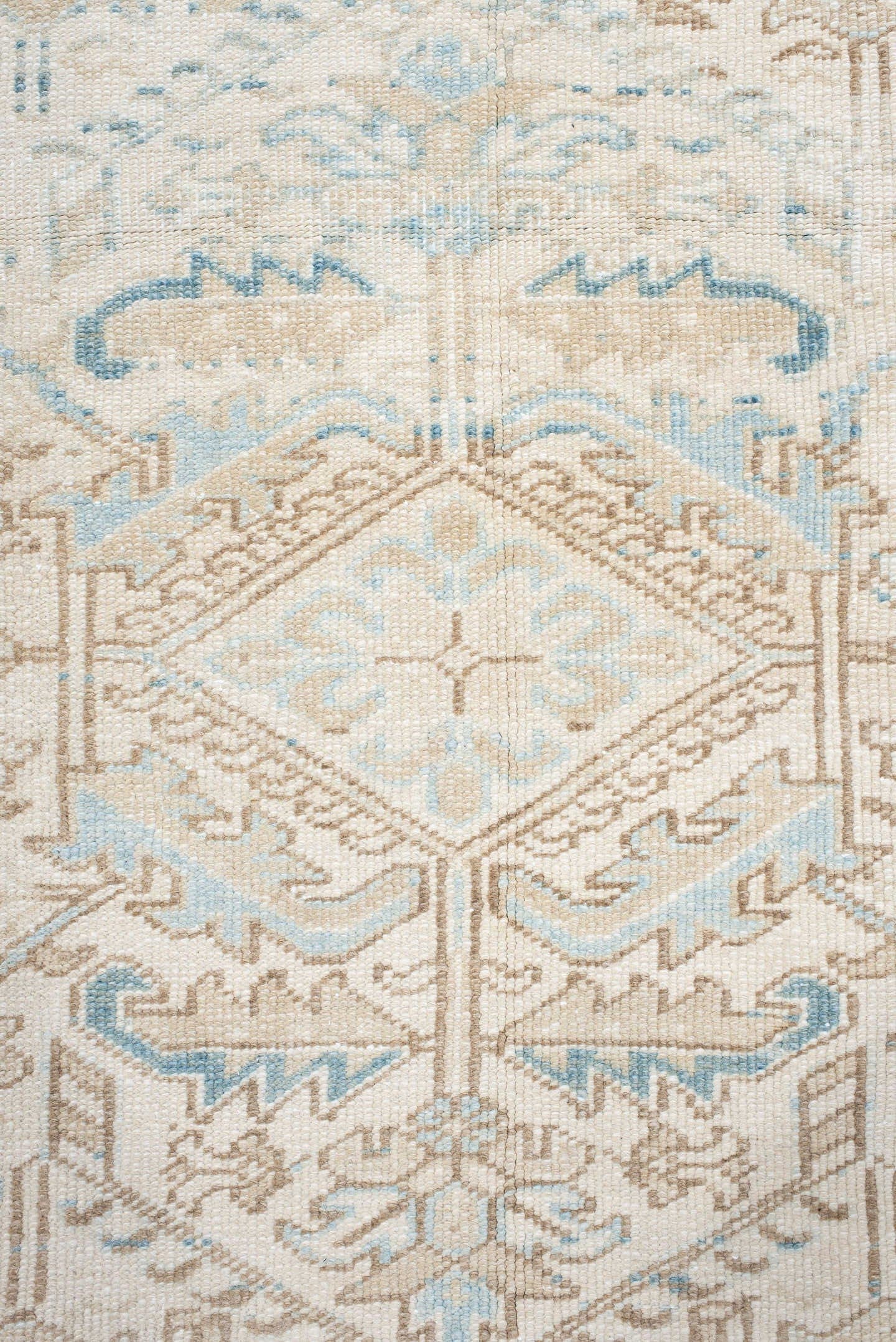 7' x 9' one-of-a-kind handmade antique Heriz large size rug. Color palette: ivory, sky blue, beige, taupe, camel, light blue