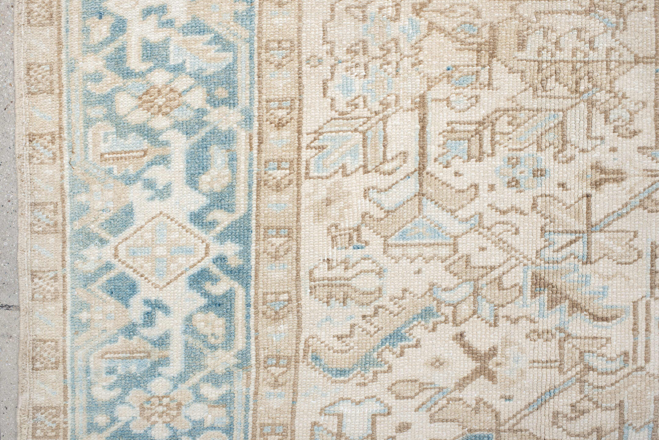 7' x 9' one-of-a-kind handmade antique Heriz large size rug. Color palette: ivory, sky blue, beige, taupe, camel, light blue