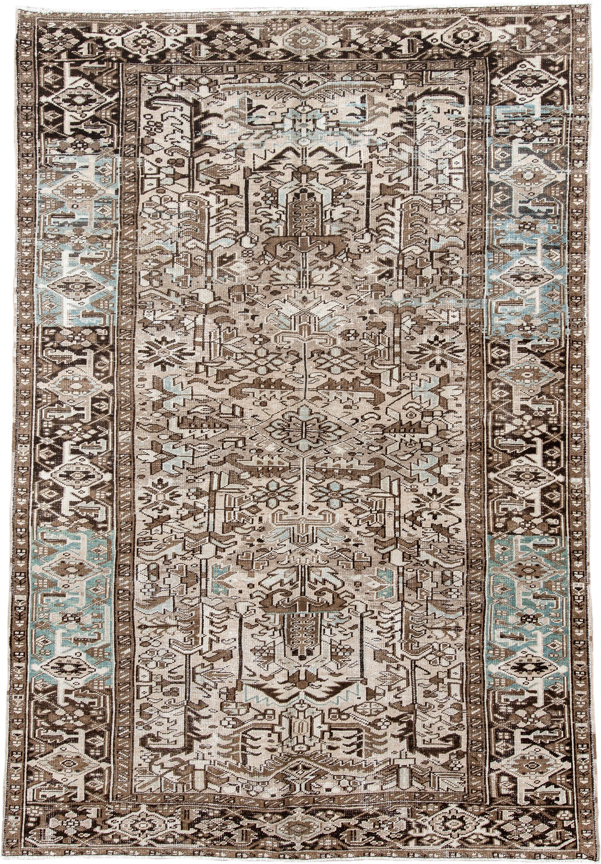7' x 10' one-of-a-kind handmade antique Heriz large size rug. Color palette: ivory, brown, sky_blue, taupe, charcoal