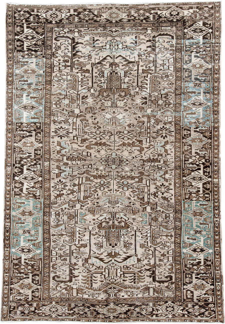 7' x 10' one-of-a-kind handmade antique Heriz large size rug. Color palette: ivory, brown, sky_blue, taupe, charcoal
