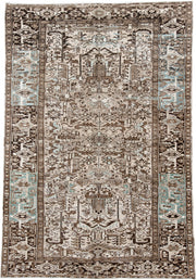 7' x 10' one-of-a-kind handmade antique Heriz large size rug. Color palette: ivory, brown, sky_blue, taupe, charcoal
