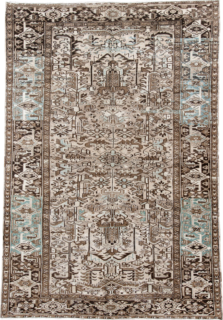 7' x 10' one-of-a-kind handmade antique Heriz large size rug. Color palette: ivory, brown, sky_blue, taupe, charcoal