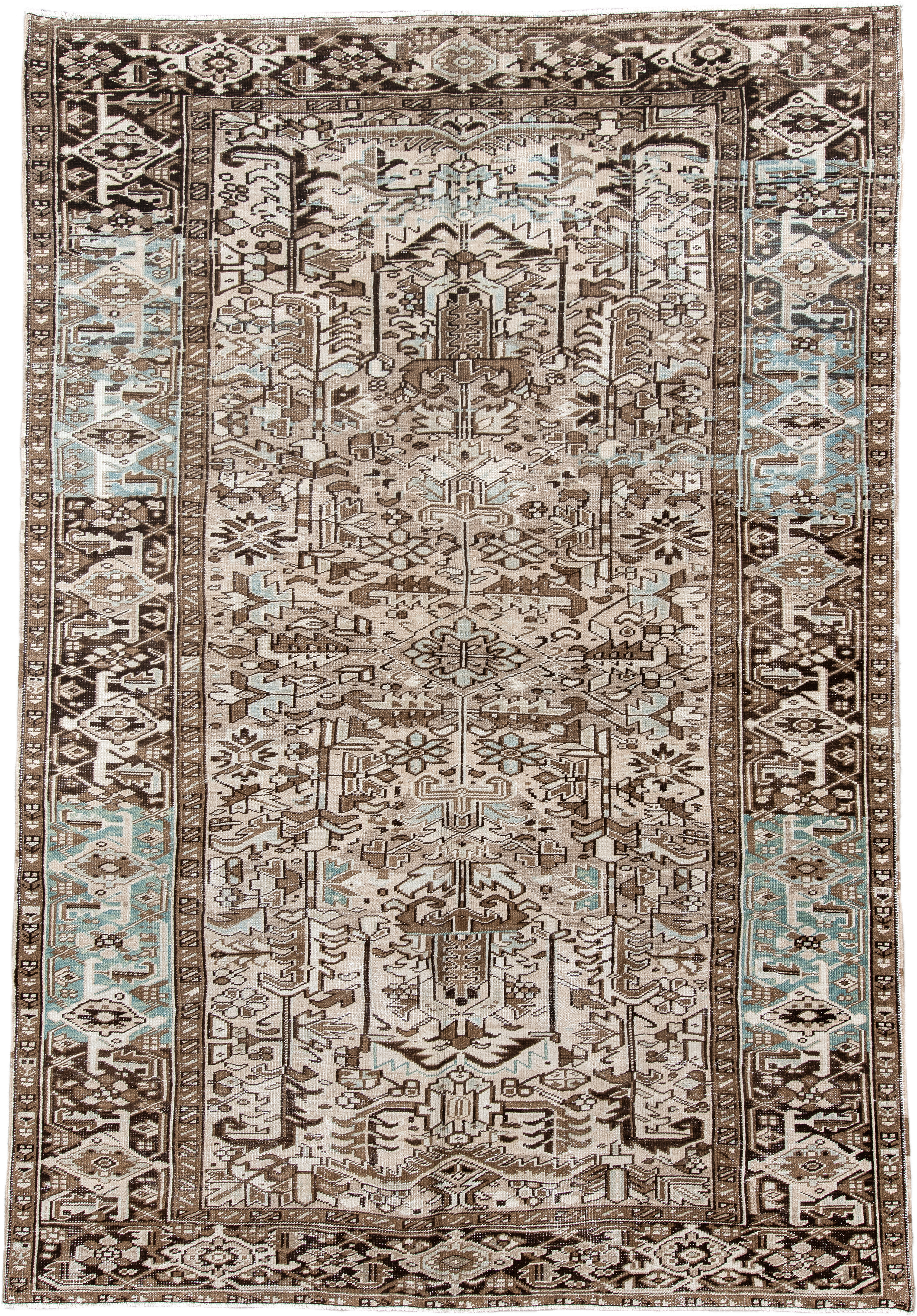 7' x 10' one-of-a-kind handmade antique Heriz large size rug. Color palette: ivory, brown, sky_blue, taupe, charcoal