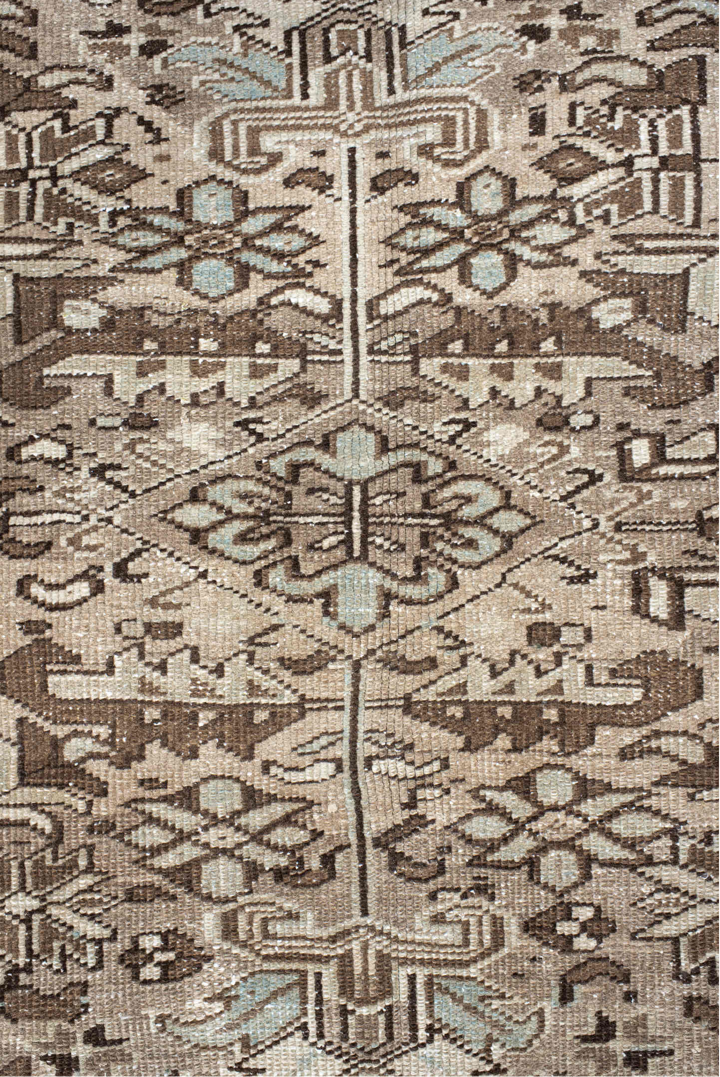 7' x 10' one-of-a-kind handmade antique Heriz large size rug. Color palette: ivory, brown, sky_blue, taupe, charcoal