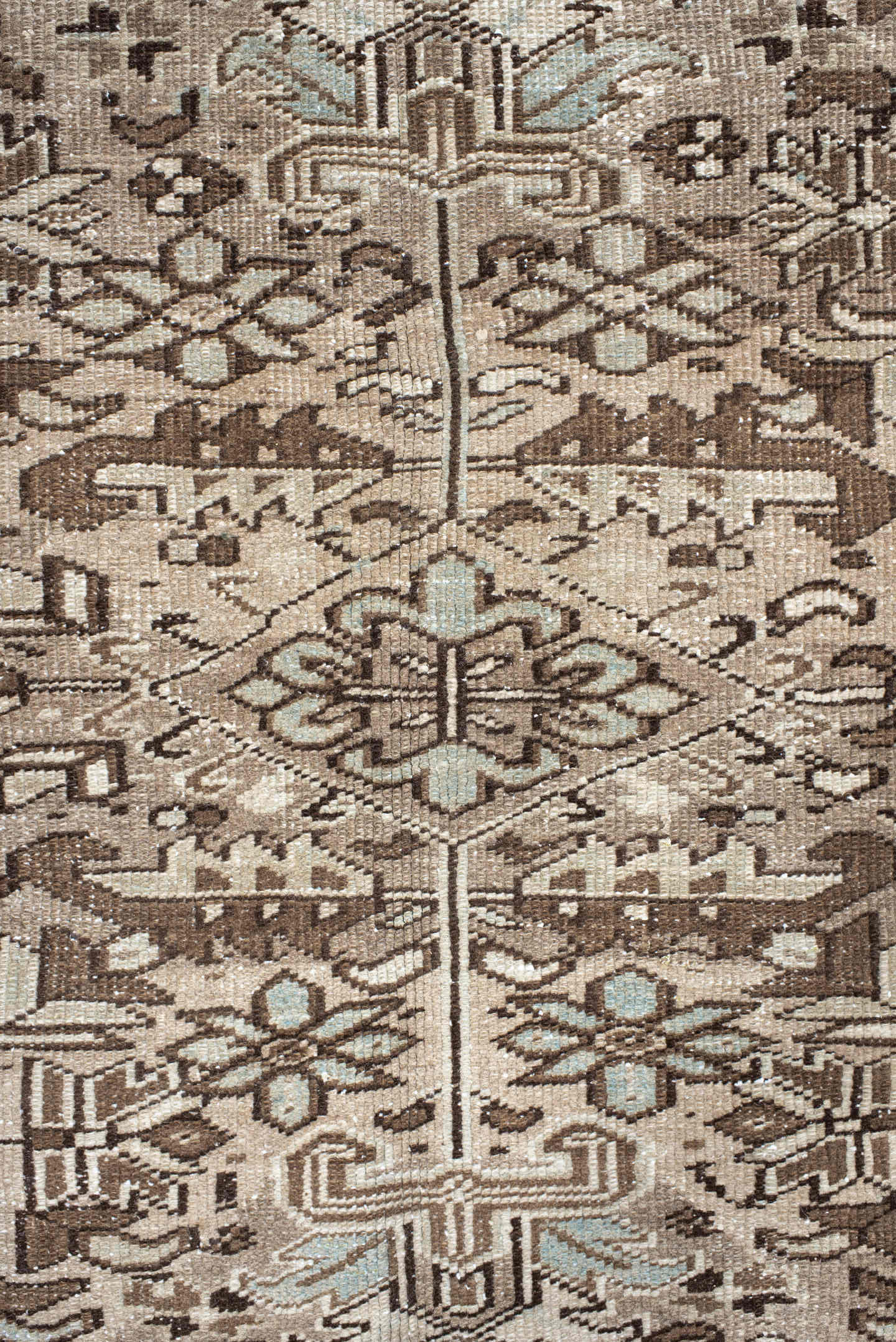 7' x 10' one-of-a-kind handmade antique Heriz large size rug. Color palette: ivory, brown, sky_blue, taupe, charcoal