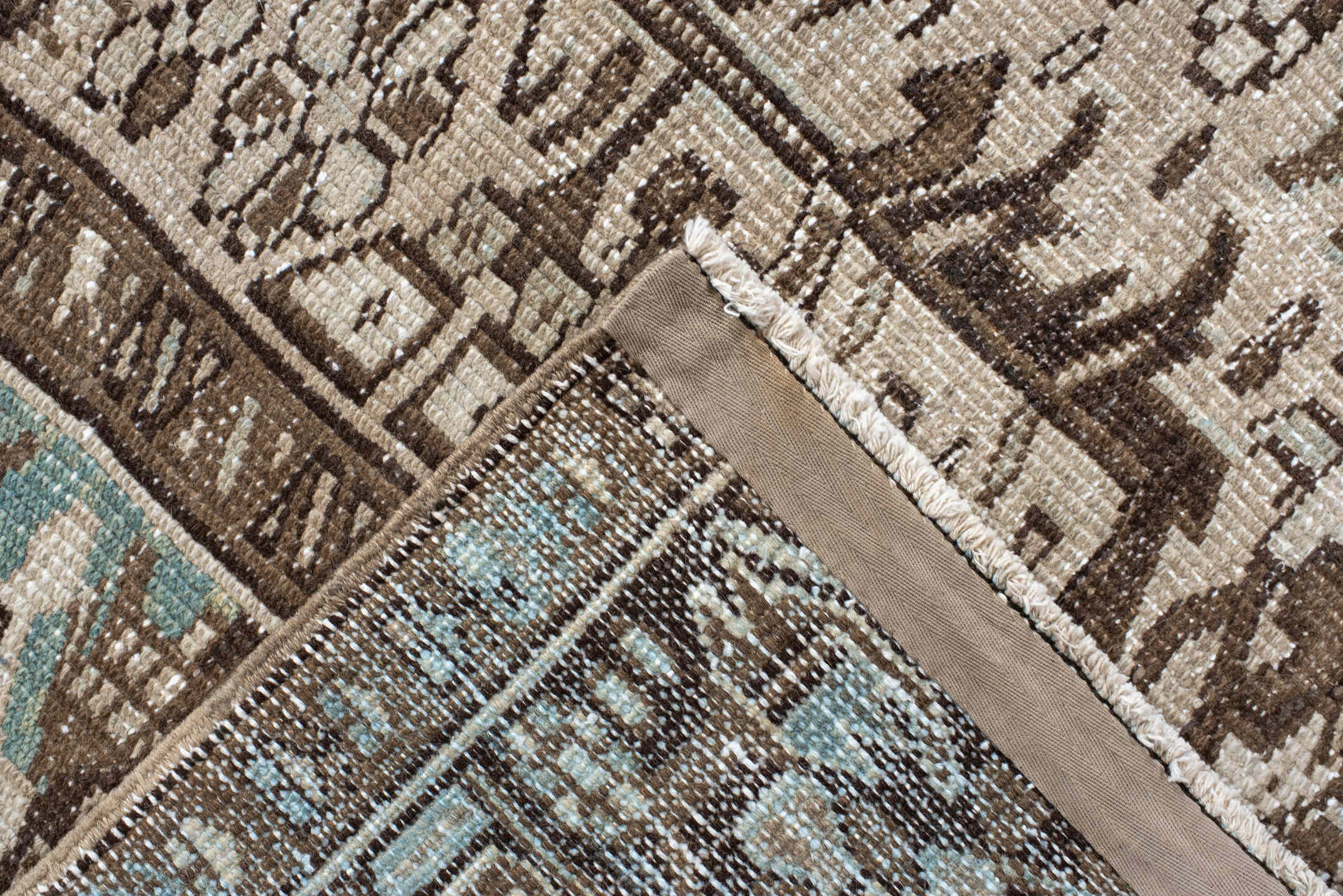 7' x 10' one-of-a-kind handmade antique Heriz large size rug. Color palette: ivory, brown, sky_blue, taupe, charcoal