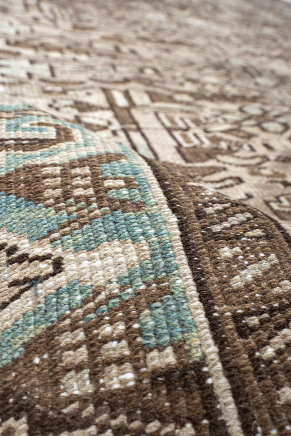 7' x 10' one-of-a-kind handmade antique Heriz large size rug. Color palette: ivory, brown, sky_blue, taupe, charcoal