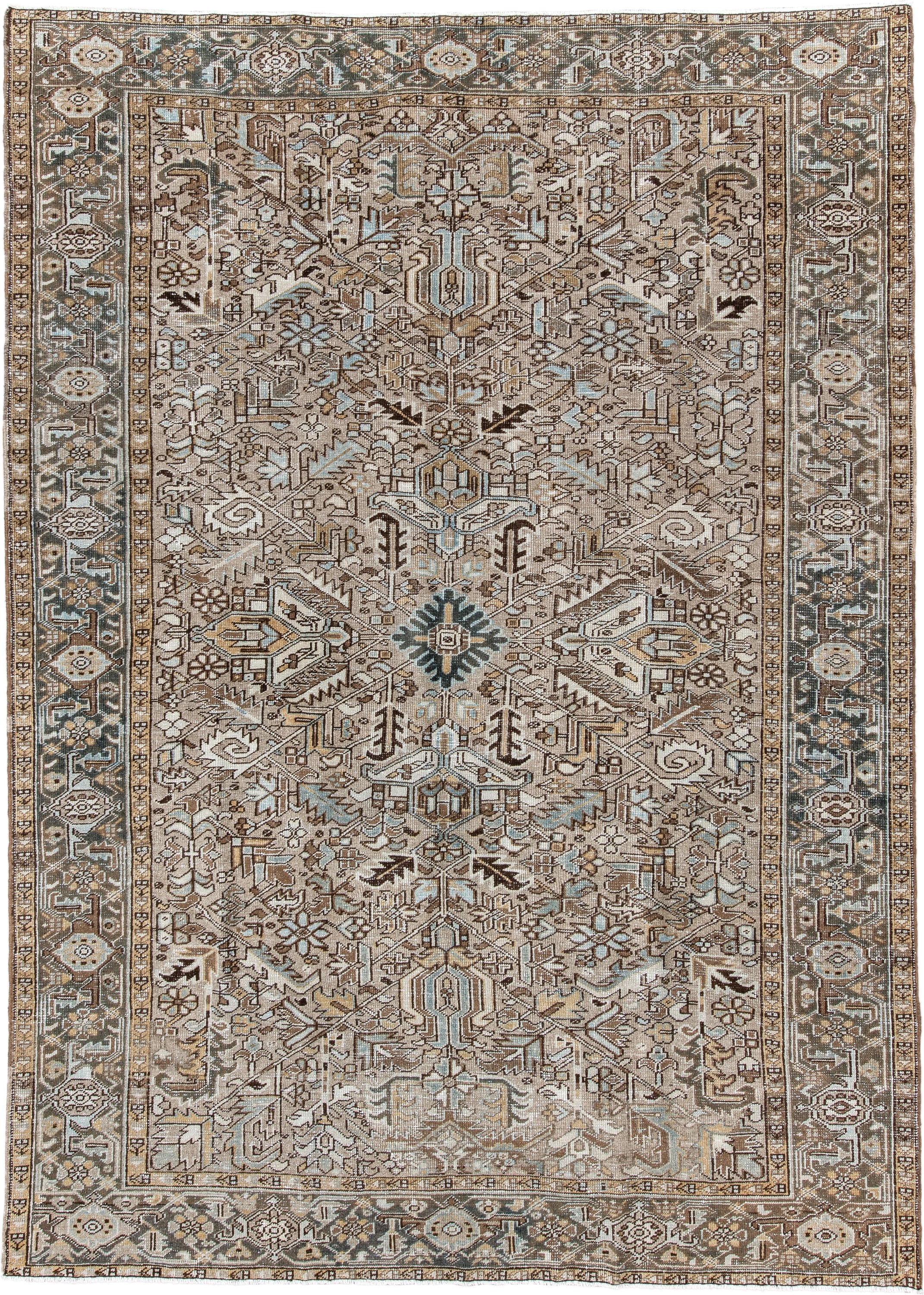 7' x 10' one-of-a-kind handmade antique Heriz large size rug. Color palette: taupe, ivory, slate, camel, brown, pale blue