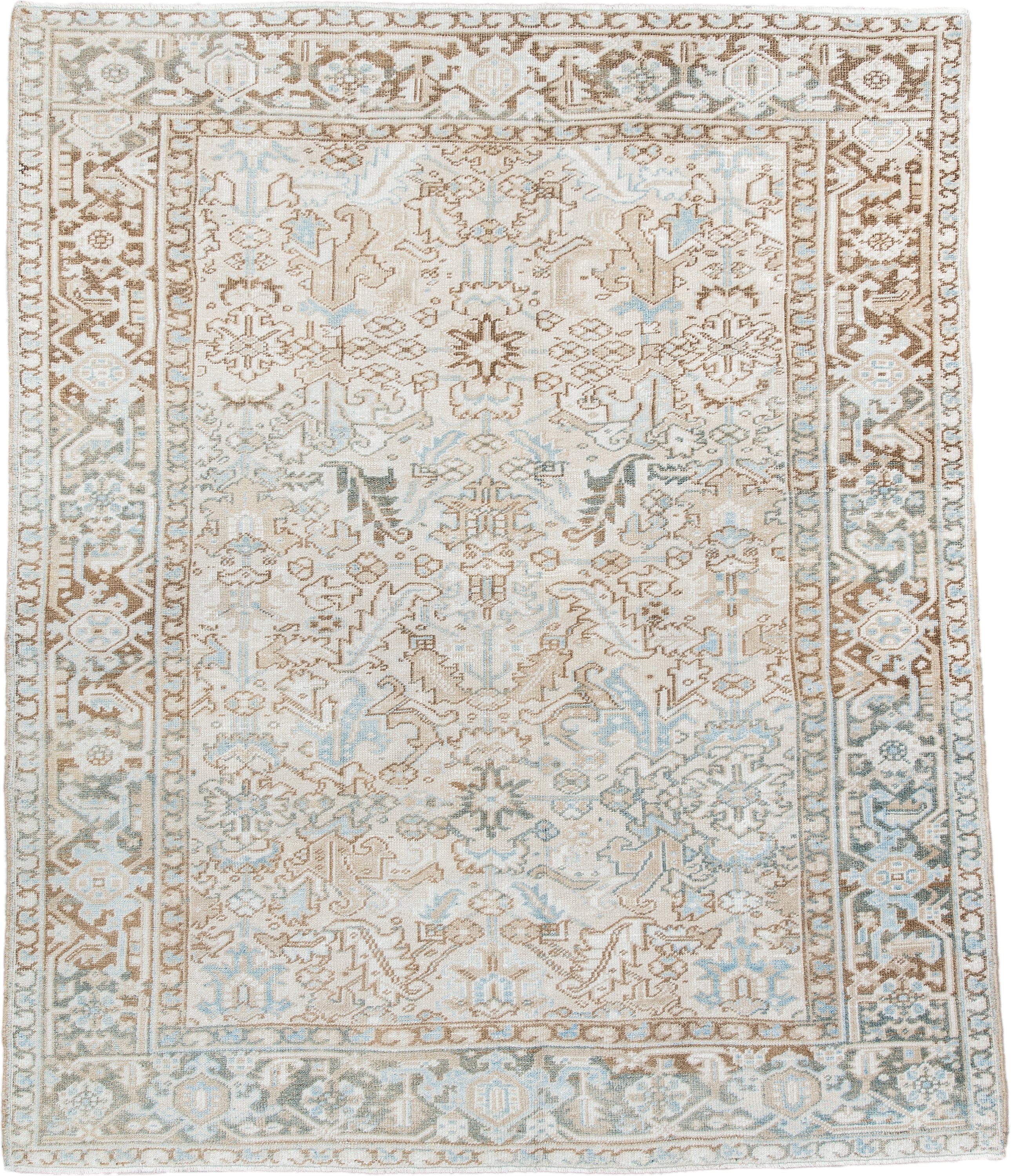 7' x 8' one-of-a-kind handmade antique Heriz rug. Color palette: ivory, camel, pale blue, taupe, light gray, sand, beige