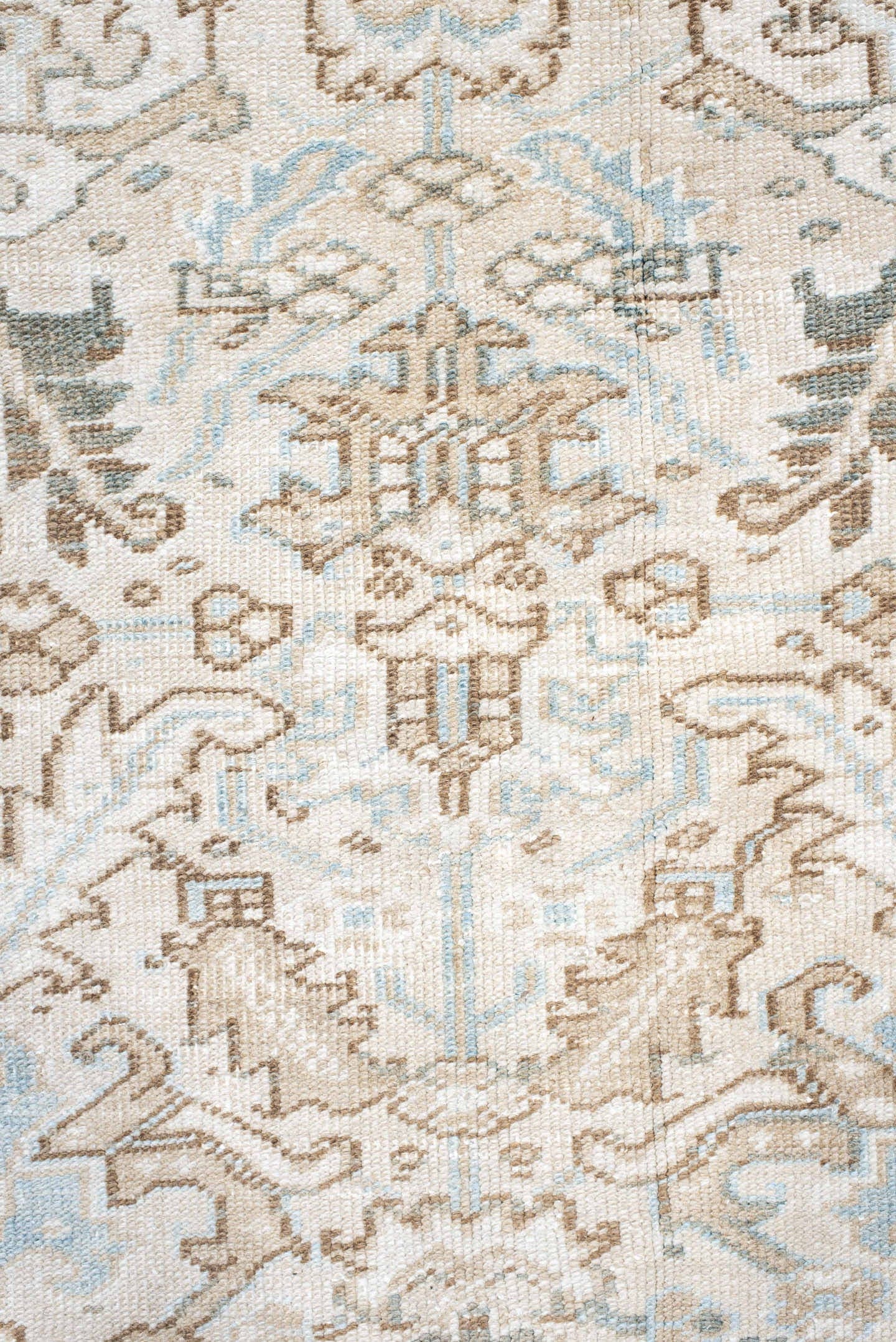 7' x 8' one-of-a-kind handmade antique Heriz rug. Color palette: ivory, camel, pale blue, taupe, light gray, sand, beige