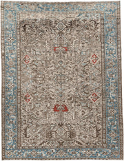6' x 9' one-of-a-kind handmade antique Heriz medium size rug. Color palette: ivory, sky_blue, taupe, brown, rust, camel