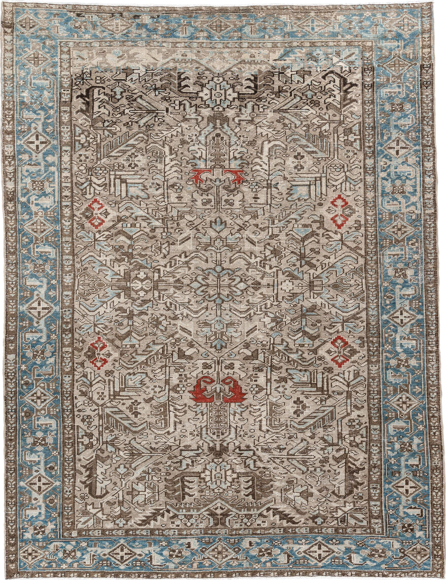 6' x 9' one-of-a-kind handmade antique Heriz medium size rug. Color palette: ivory, sky_blue, taupe, brown, rust, camel