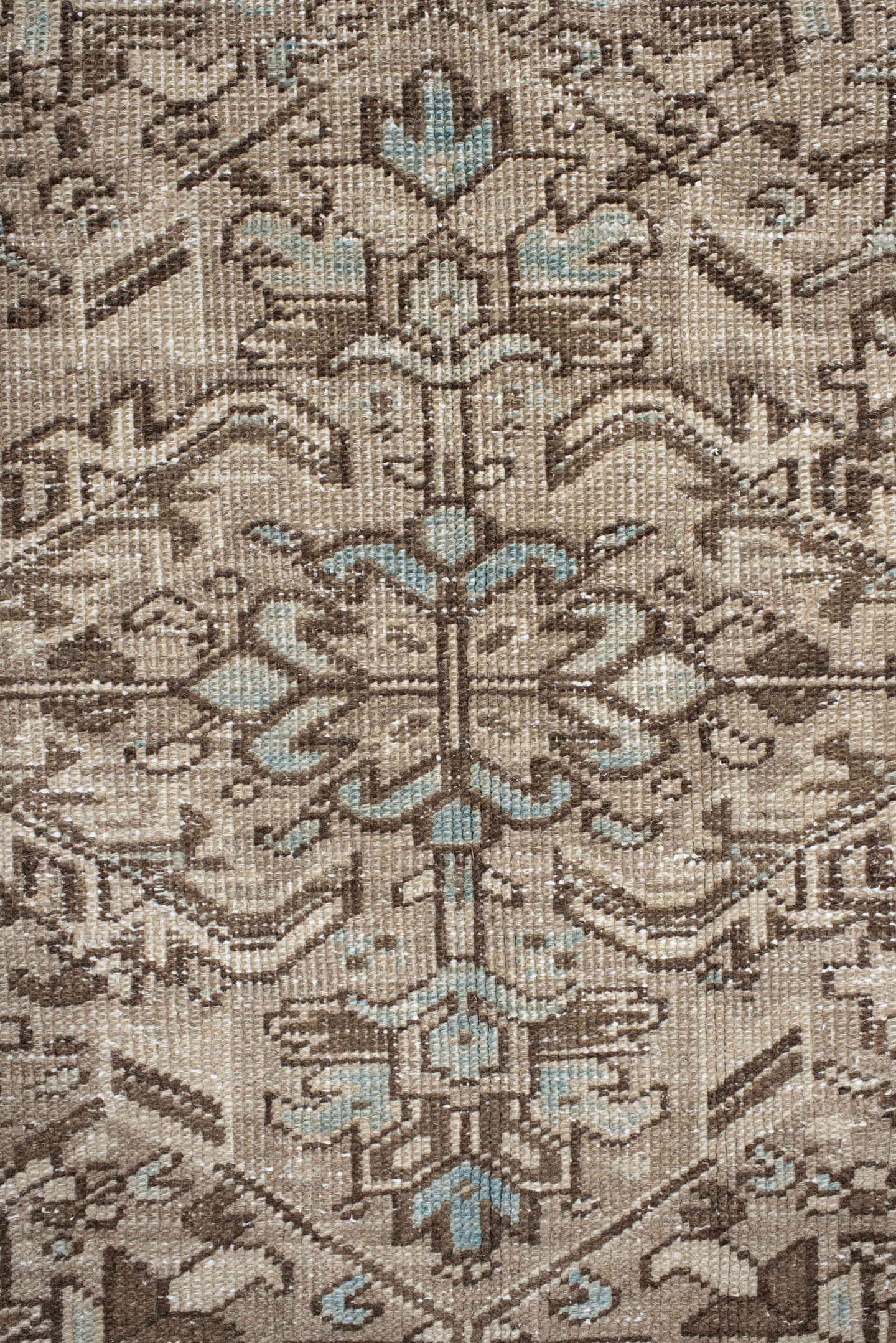 6' x 9' one-of-a-kind handmade antique Heriz medium size rug. Color palette: ivory, sky_blue, taupe, brown, rust, camel