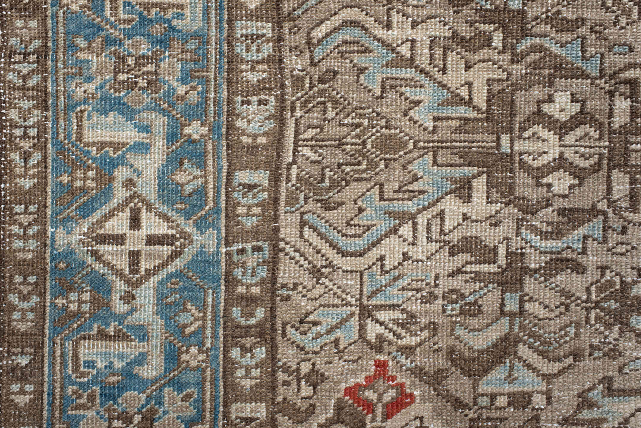 6' x 9' one-of-a-kind handmade antique Heriz medium size rug. Color palette: ivory, sky_blue, taupe, brown, rust, camel