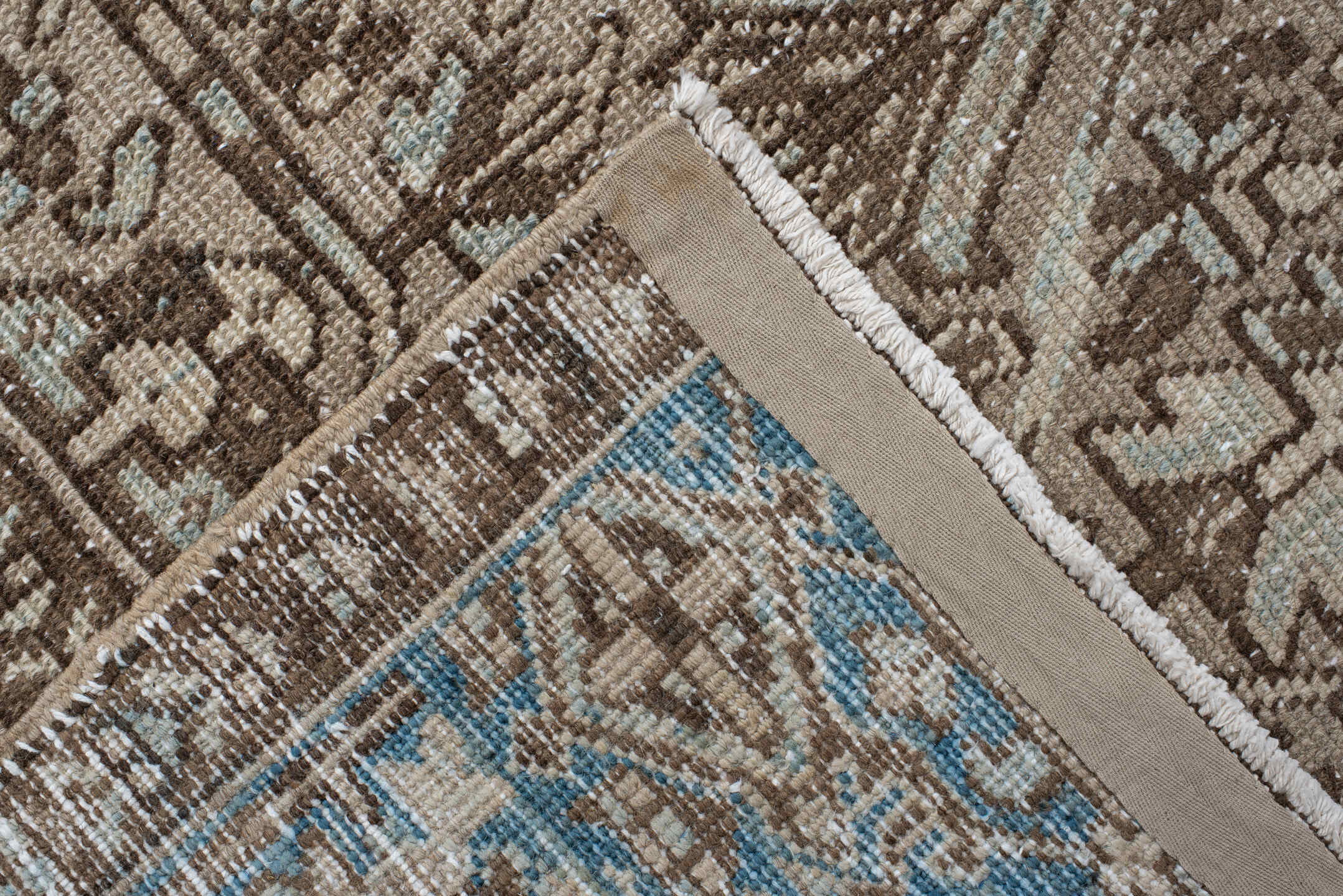 6' x 9' one-of-a-kind handmade antique Heriz medium size rug. Color palette: ivory, sky_blue, taupe, brown, rust, camel