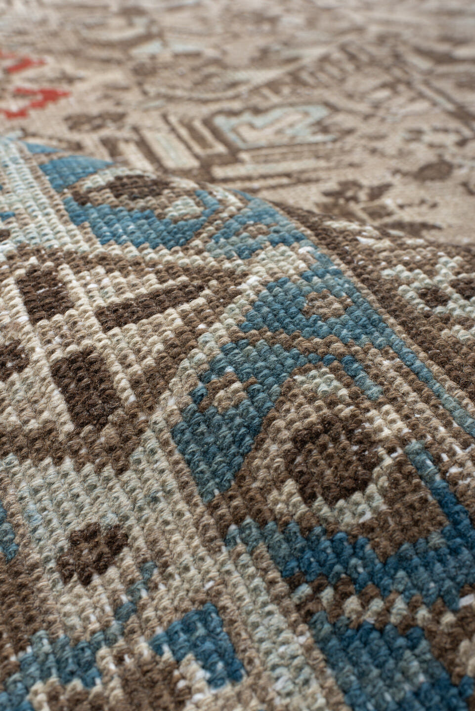 6' x 9' one-of-a-kind handmade antique Heriz medium size rug. Color palette: ivory, sky_blue, taupe, brown, rust, camel