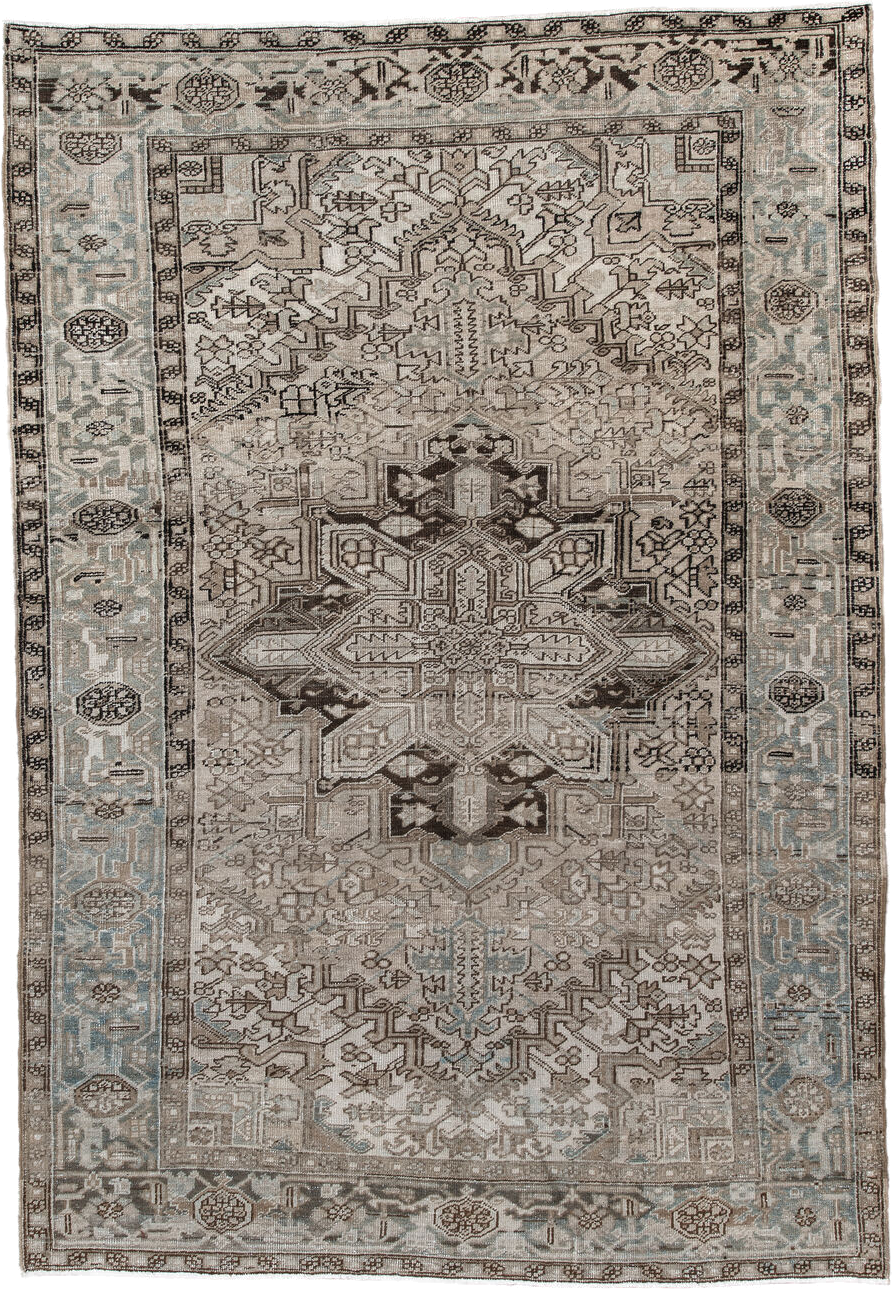 6' x 9' one-of-a-kind handmade vintage Heriz medium size rug. Color palette: taupe, ivory, light blue, charcoal, brown